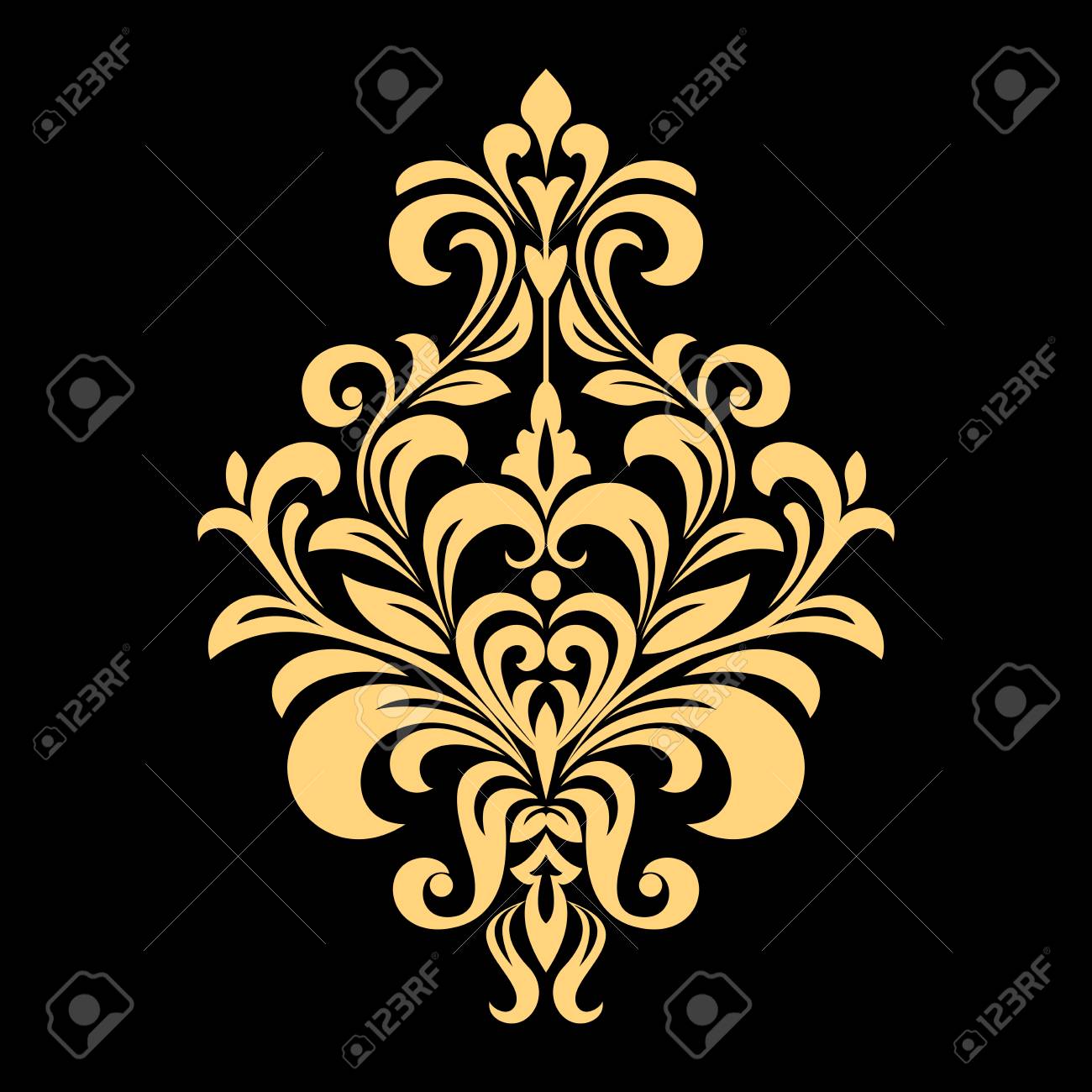 Golden vector pattern on a black background. Damask graphic ornament. Floral design element. - 101723528 Golden vector pattern on a black background. Damask graphic ornament. Floral design element. - 101723528