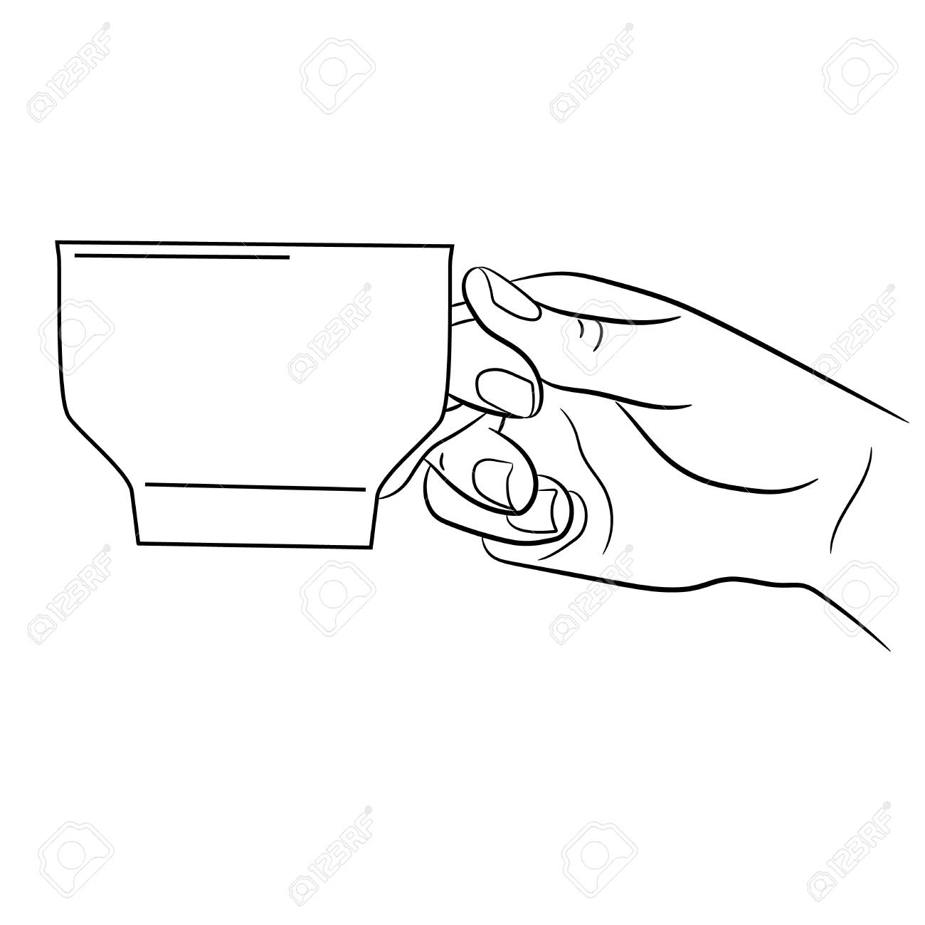 モノクロ ベクトル イラストの白い背景の上のコーヒーのマグカップを持っている女性の手 のイラスト素材 ベクタ Image