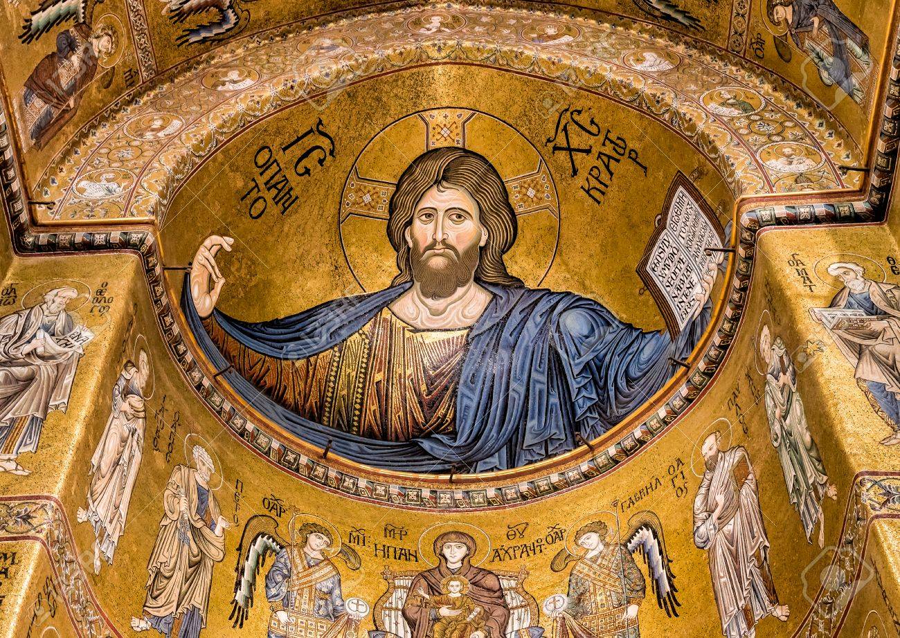 Christ Pantocrator mosaic inside Cathedral of Monreale near Palermo, Sicily, Italy