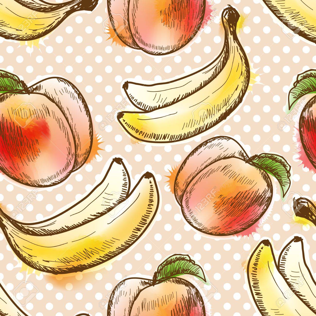 桃とバナナとのシームレスなパターンのイラスト素材 ベクタ Image