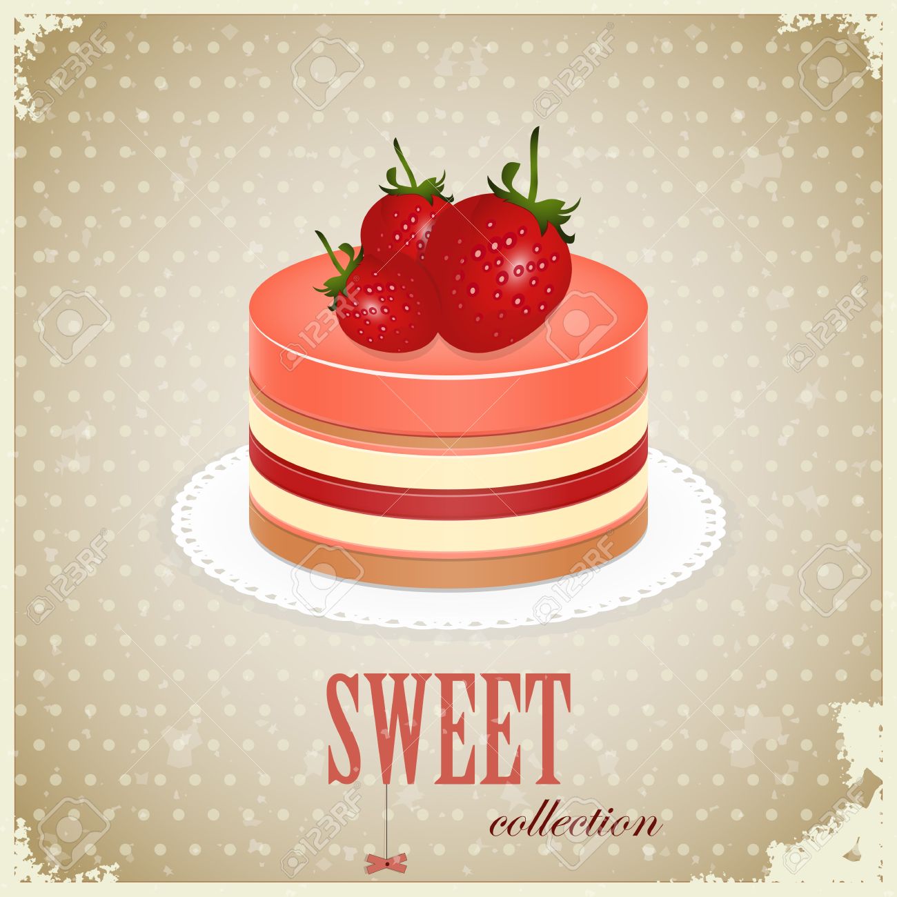 Carte Postale De Cru Gateau Eponge Avec Fraise Illustration Vectorielle Clip Art Libres De Droits Vecteurs Et Illustration Image