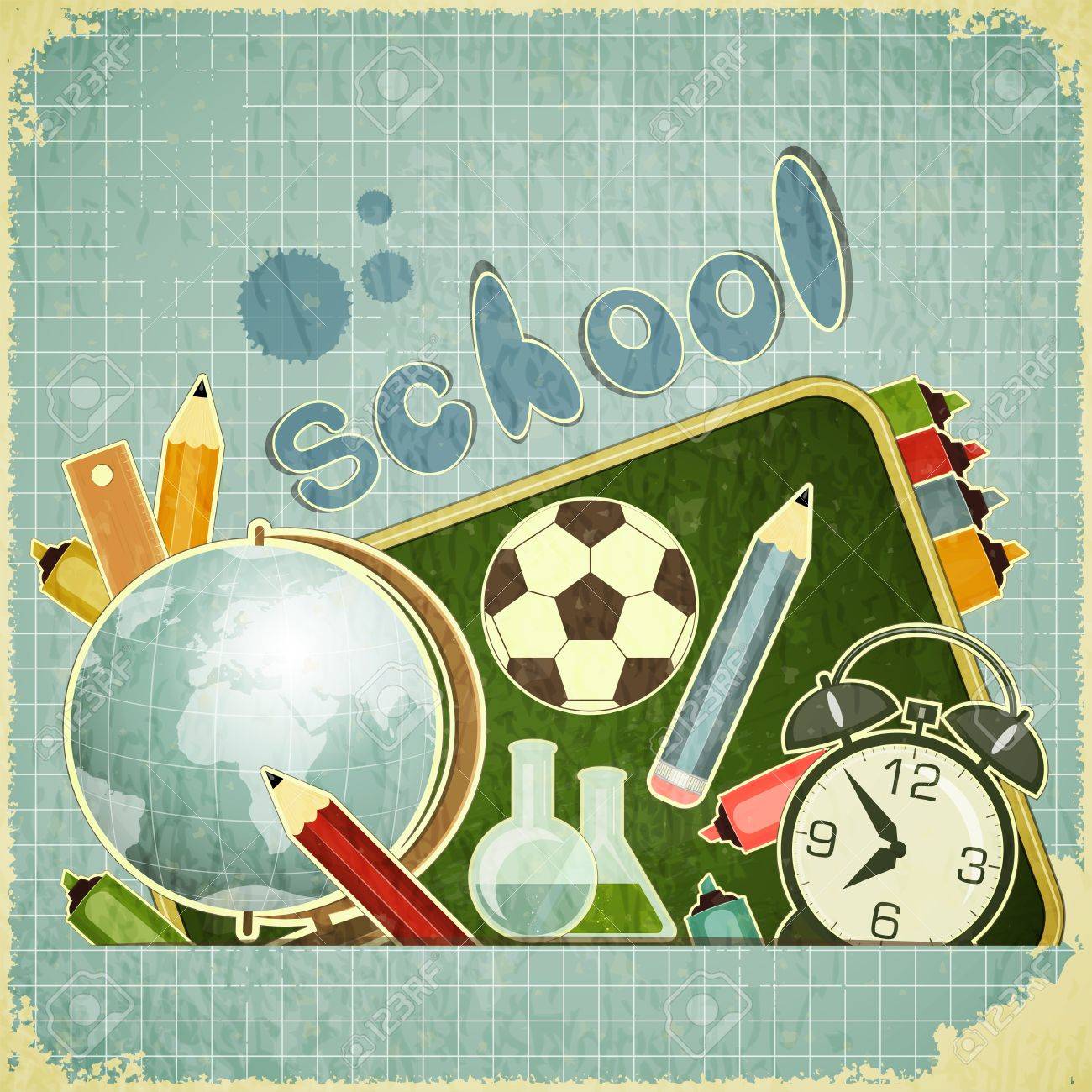 Retro card - back to school Design - School Board and School Supplies on blue vintage background - vector illustration - 14502177 Retro card - back to school Design - School Board and School Supplies on blue vintage background - vector illustration - 14502177