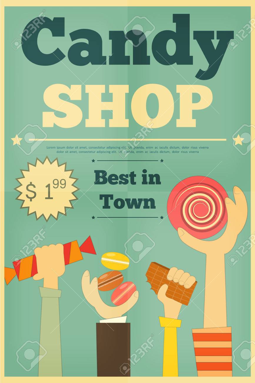 candy shop retro poster with hands holding sweet vector