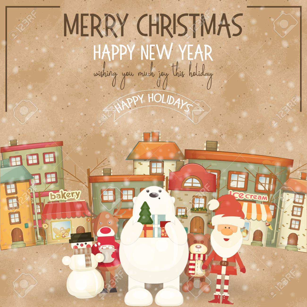 Merry Christmas Retro Greeting Card Santa Claus And Xmas Characters Royalty Free Cliparts Vectors And Stock Illustration Image 89903560