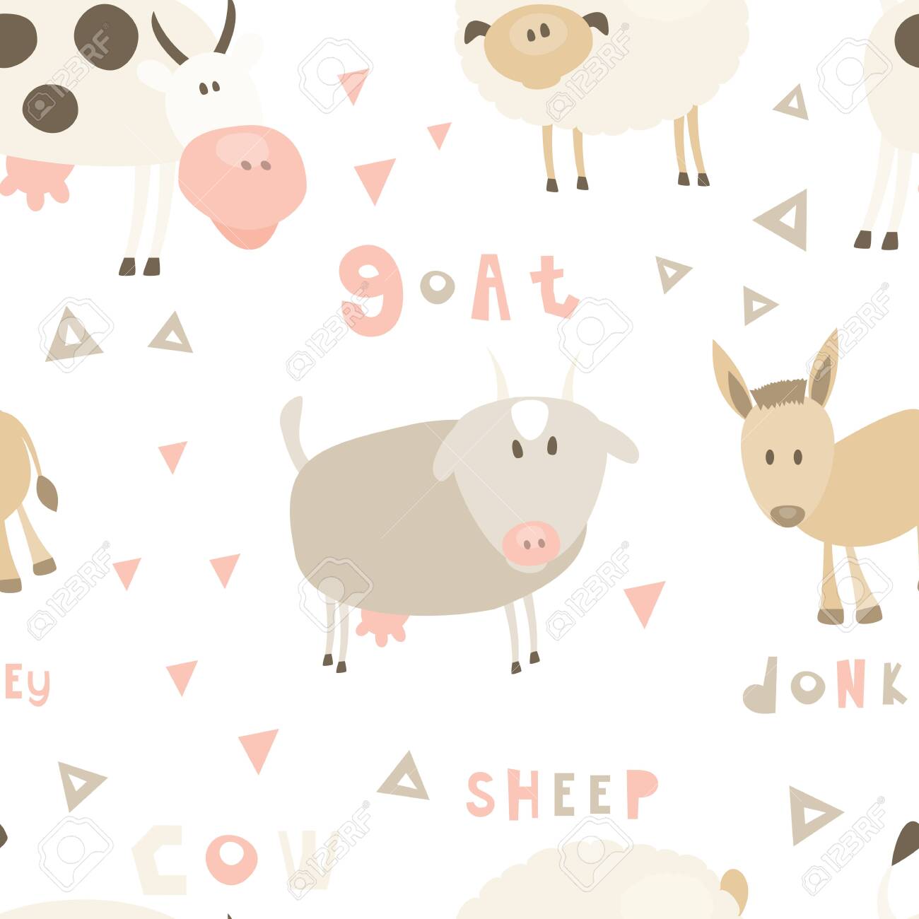 Farm Seamless Pattern - Cartoon Farm Animals - Goat, Sheep, Cow, Donkey. Rustic Background. Vector. Print For Wallpaper, Baby Clothes, Wrapping Paper. Don't Contain Clipping Mask And Gradient. Royalty Free SVG, Cliparts, Farm Seamless Pattern - Cartoon Farm Animals - Goat, Sheep, Cow, Donkey. Rustic Background. Vector. Print For Wallpaper, Baby Clothes, Wrapping Paper. Don't Contain Clipping Mask And Gradient. Royalty Free SVG, Cliparts,