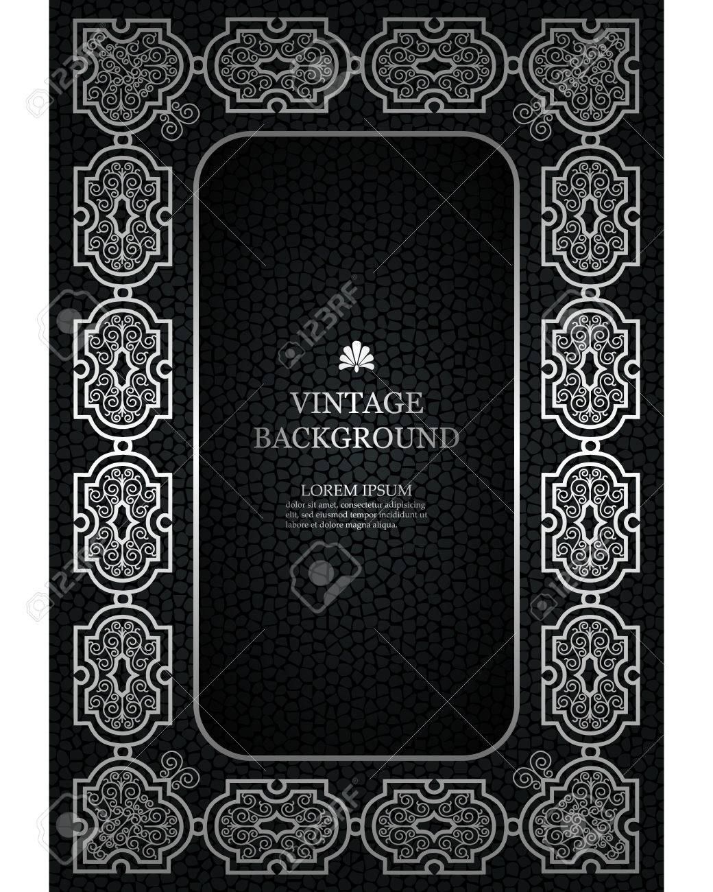 本のテンプレートをカバーする 古いページ フォト フレーム 招待状 カード 証明書 花のビンテージ フレームをベクトルします 暗い背景にビクトリア朝の高級装飾デザイン 銀枠 のイラスト素材 ベクタ Image
