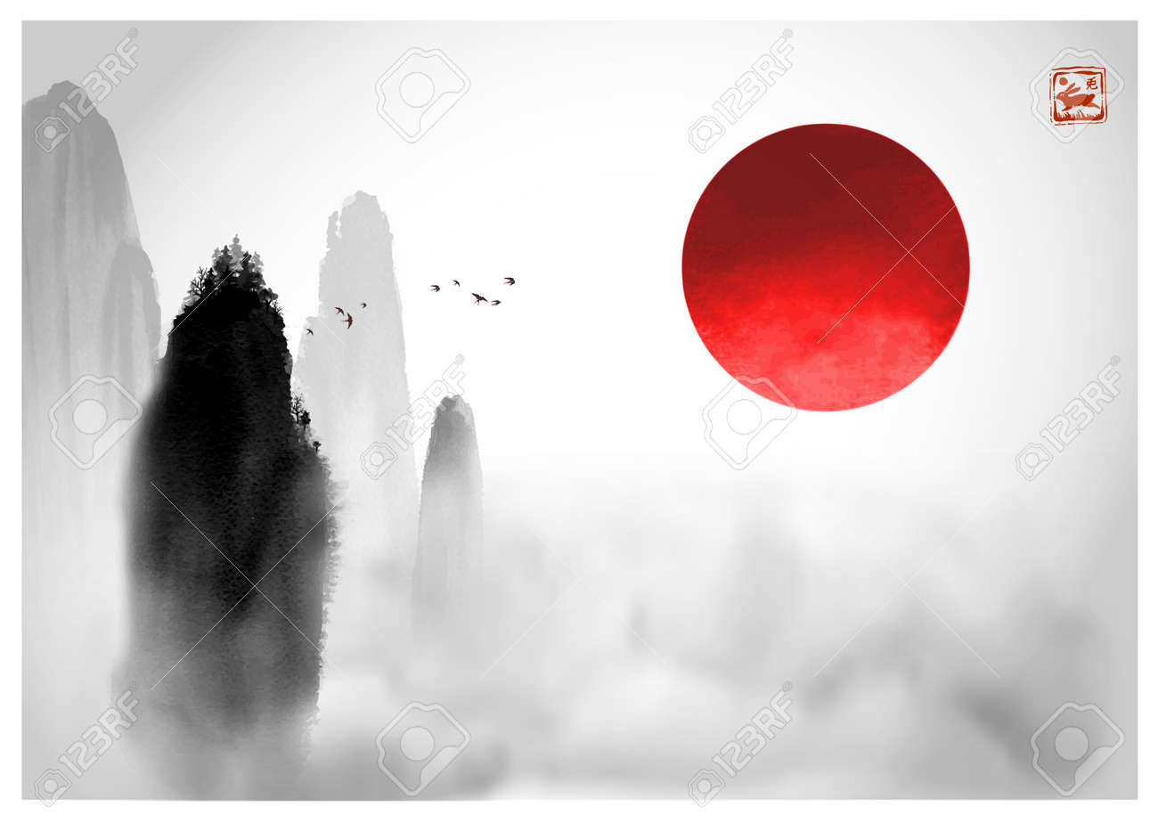 墨＋オレンジ色の絵の具を使用した彩墨画 | 水墨画・達風 色彩の