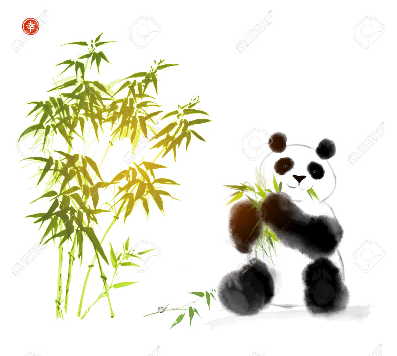 中国 水墨画 パンダ 手描き かわいいパンダと竹の水彩イラスト、手描き