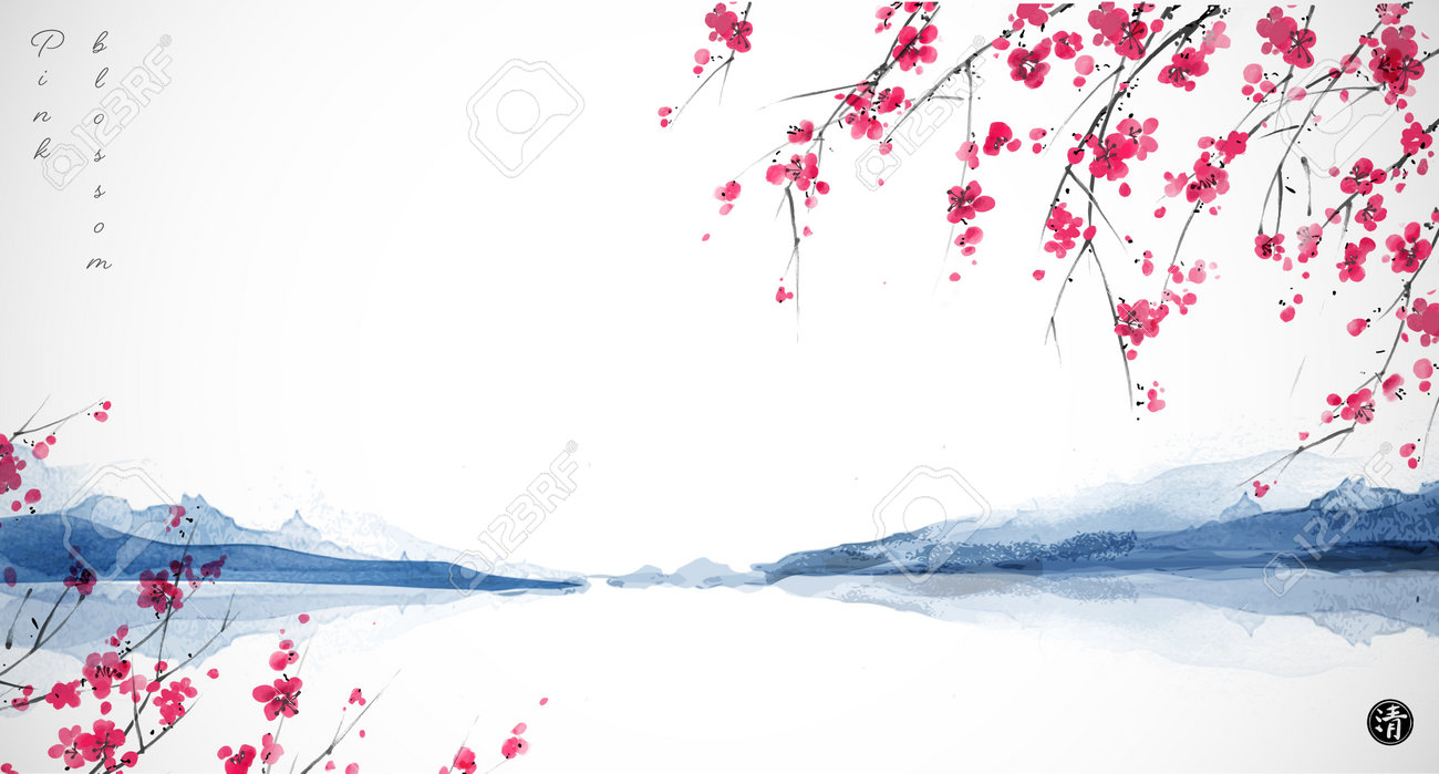 水墨画 自然風景 淡いピンクと黒