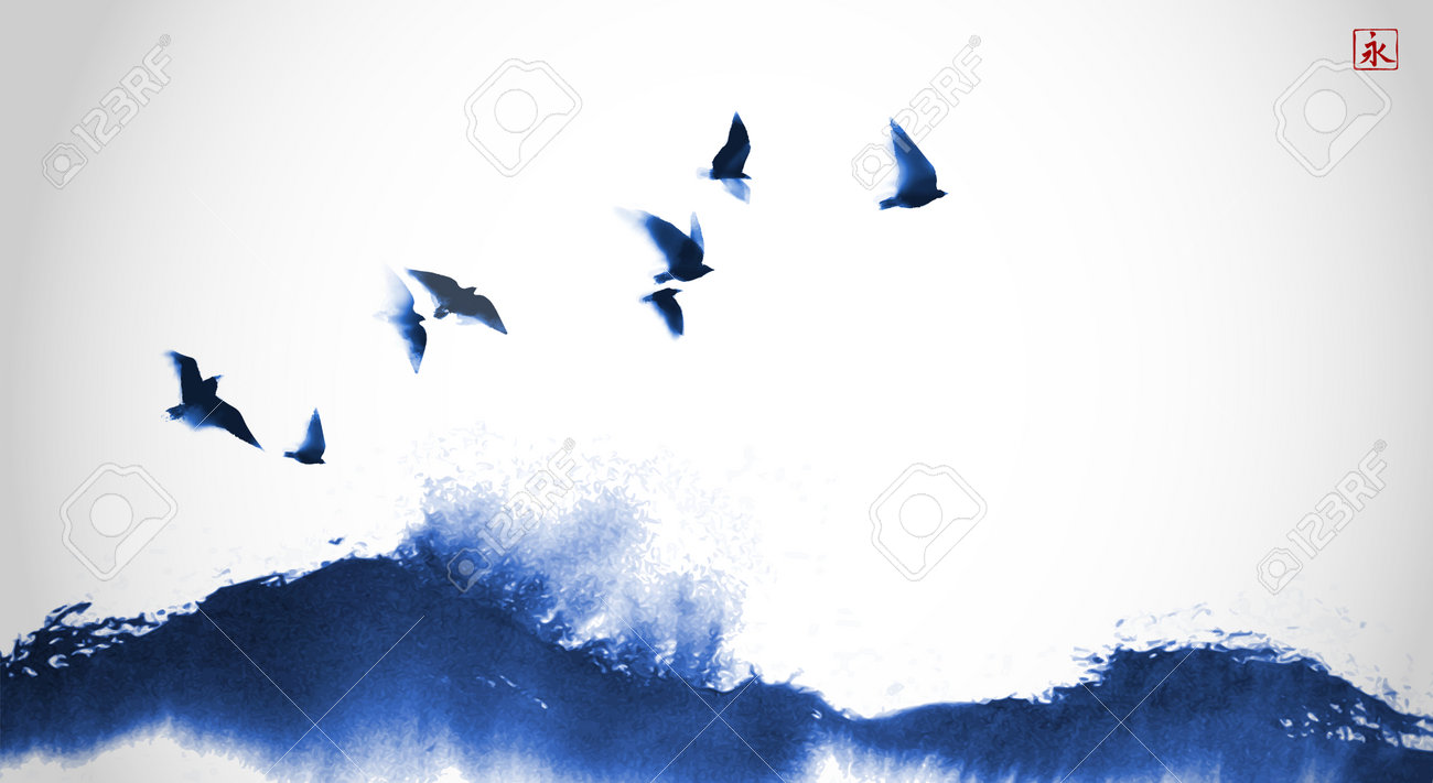 海の波の上に鳥の群れと水墨画。伝統的な東洋の水墨画墨絵、宇信、五華