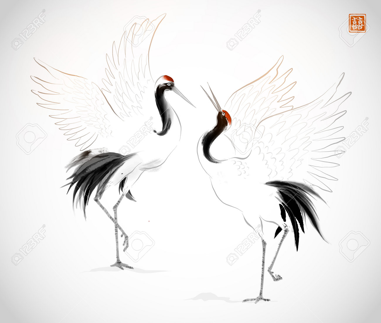 白い背景に2羽の踊る鶴の鳥伝統的な東洋の水墨画sumi E U Sinは