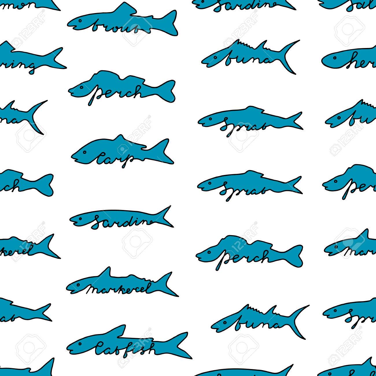 手の文字描画の魚種 マグロ サーモン ニシン ナマズ イワシ スズキ 小魚 コイ マス サバのイラスト素材 ベクタ Image