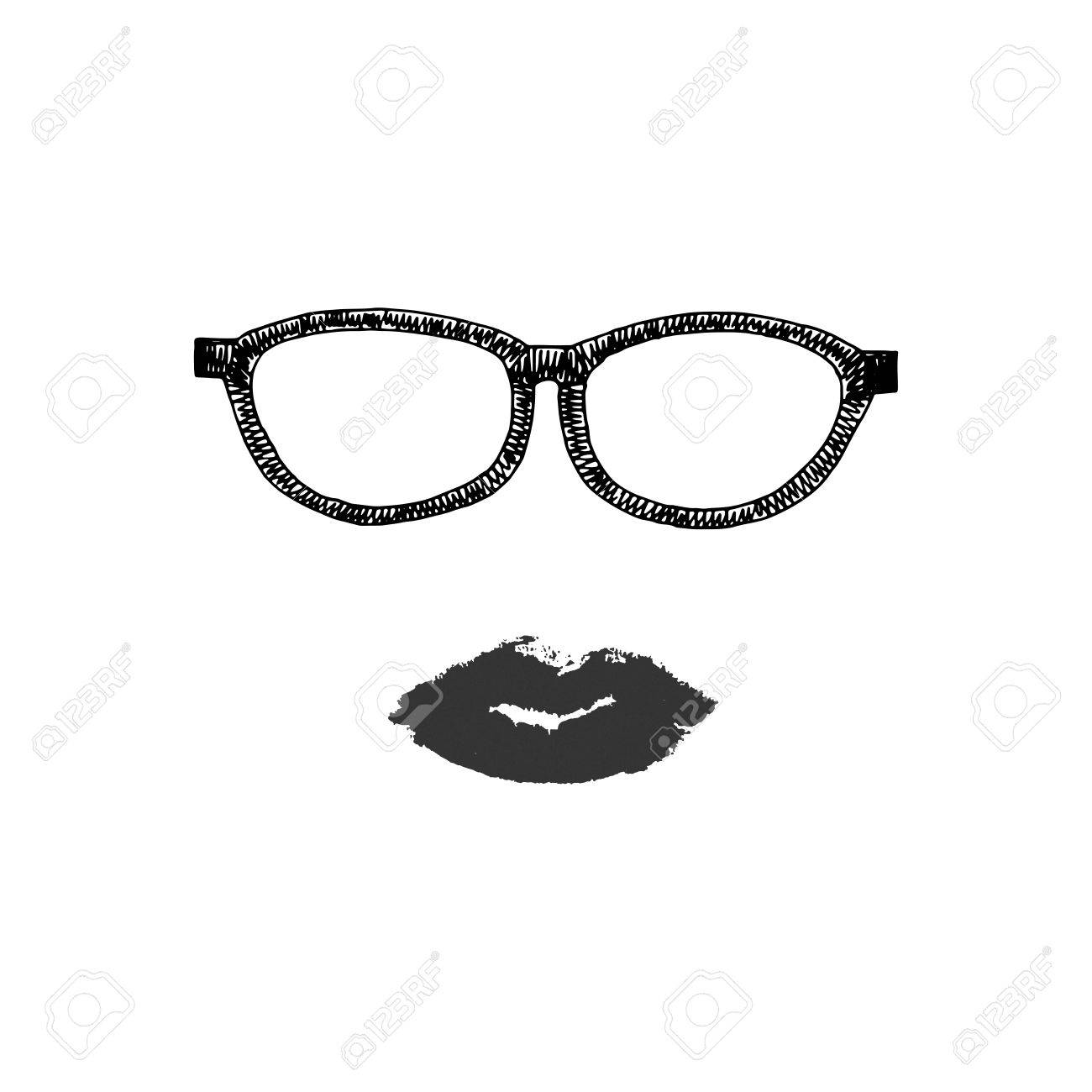 手書きレタリング メガネと唇と白い背景のデザイン のイラスト素材 ベクタ Image