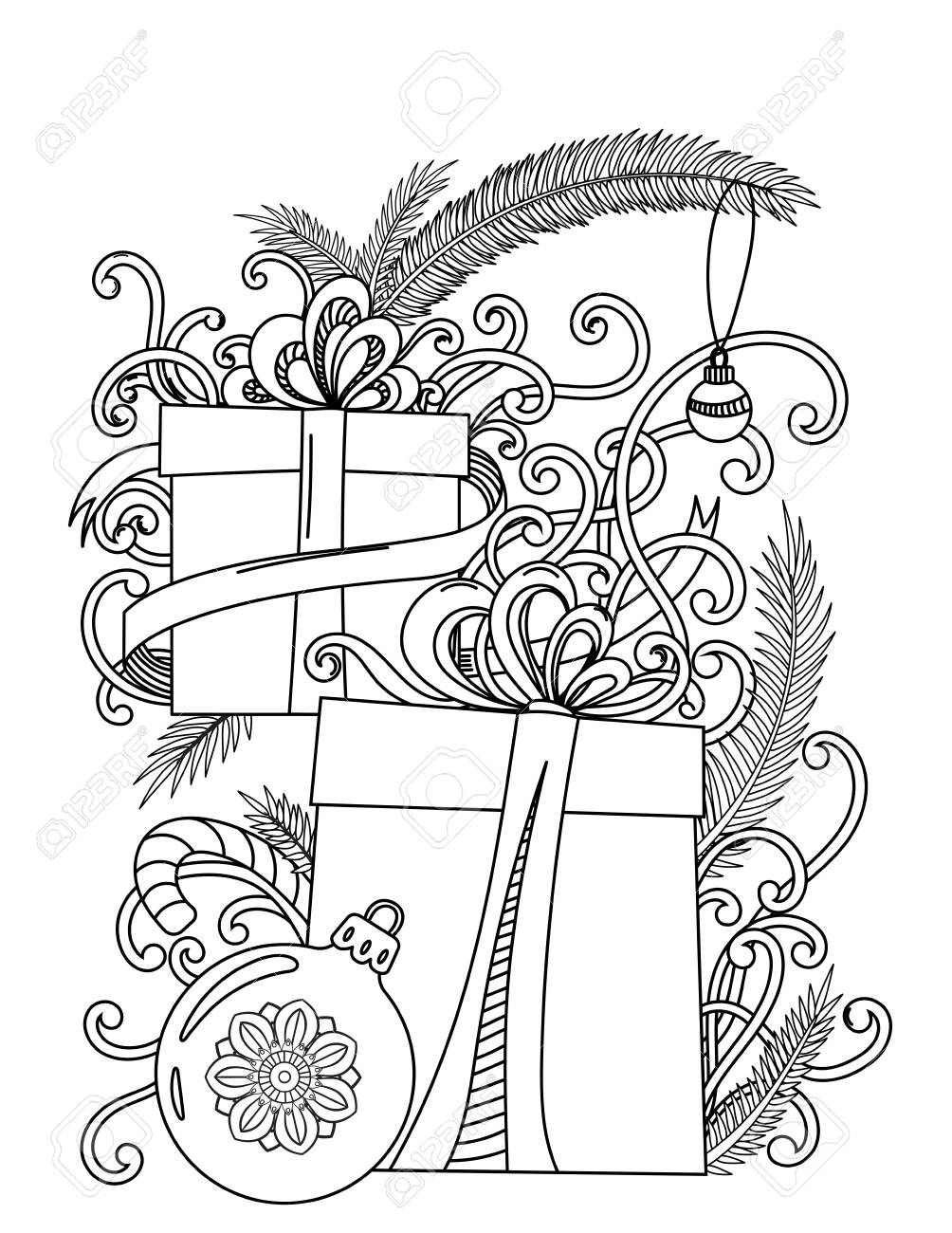 Christmas Coloring Page. Adult Coloring Book. Holiday Gifts And - Christmas Coloring Page. Adult Coloring Book. Holiday Gifts And