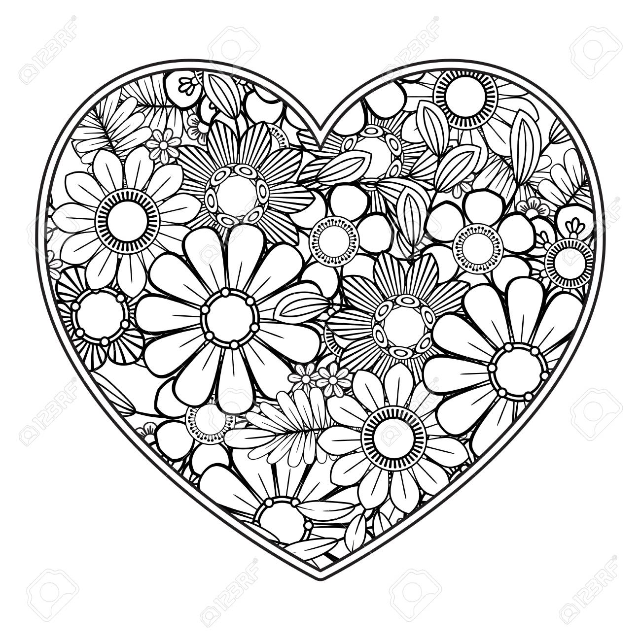 Heart With Floral Pattern. Valentines Day Adult Coloring Page ...