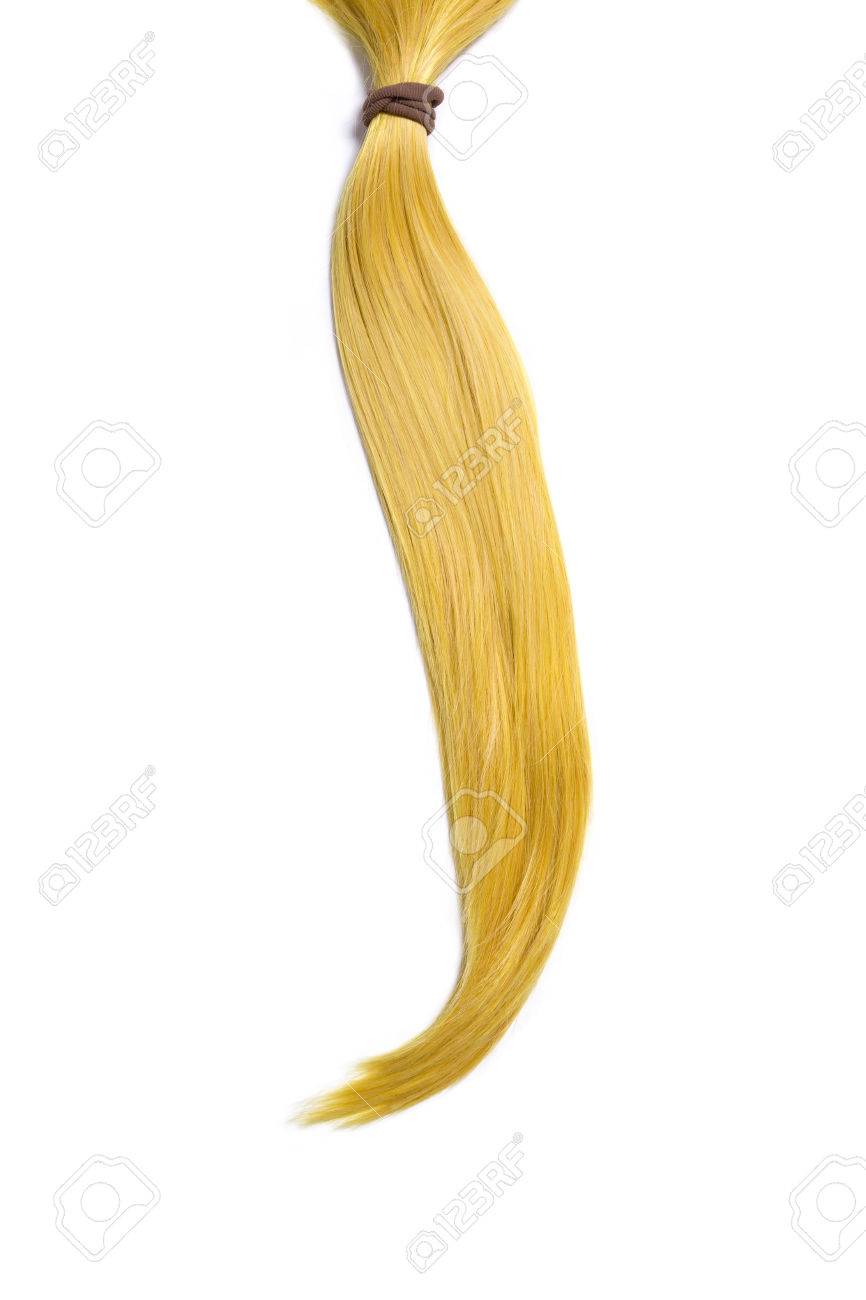 ゴールデン ブロンドの髪 ポニーテール 白い背景で隔離 の写真素材 画像素材 Image