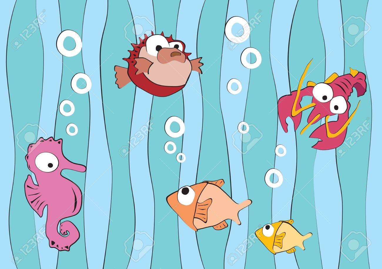 面白い海の生き物 ロブスター 魚 海藻でトンボ Hidingh のイラスト素材 ベクタ Image