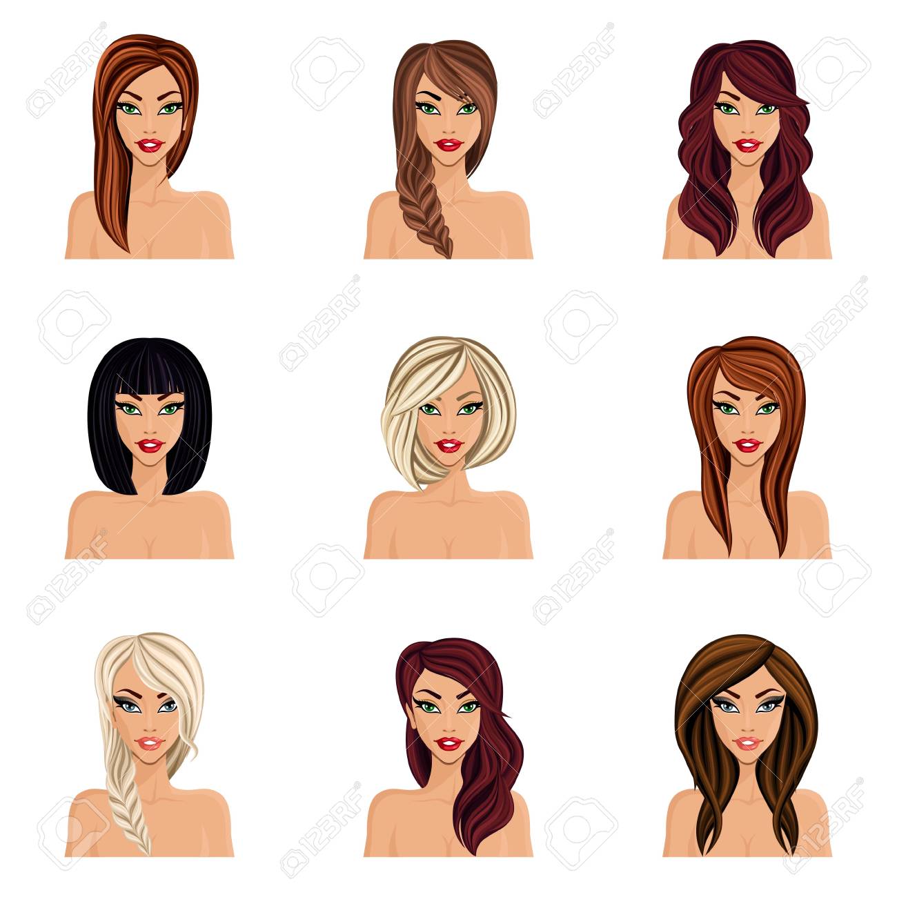女の子のためのヘアスタイルのセットは 自分のアバターは 若い女性の裸を作成します 分離したロングヘアのヘアスタイル 顔首 目 唇 ベクトル イラスト のイラスト素材 ベクタ Image