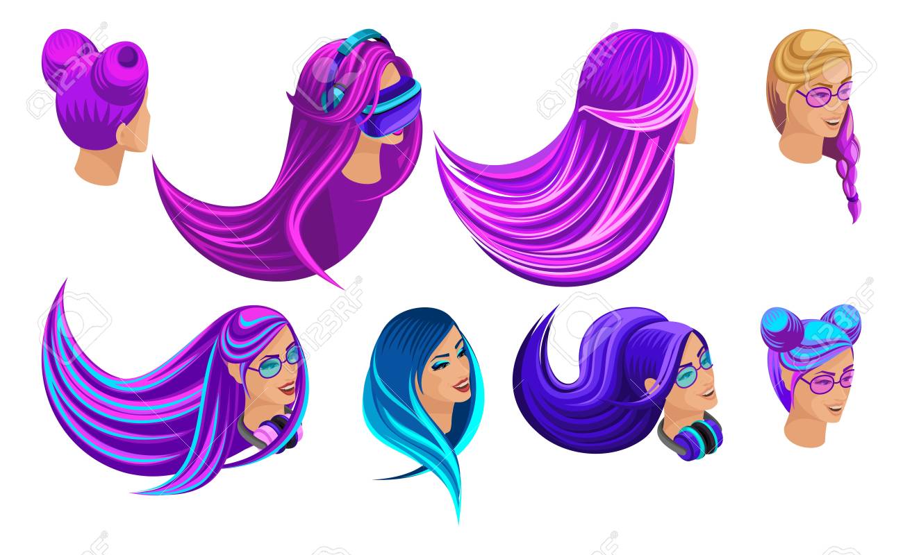 Isometric Set Of Creative Hairstyles Bright Hair Color Fashionable
