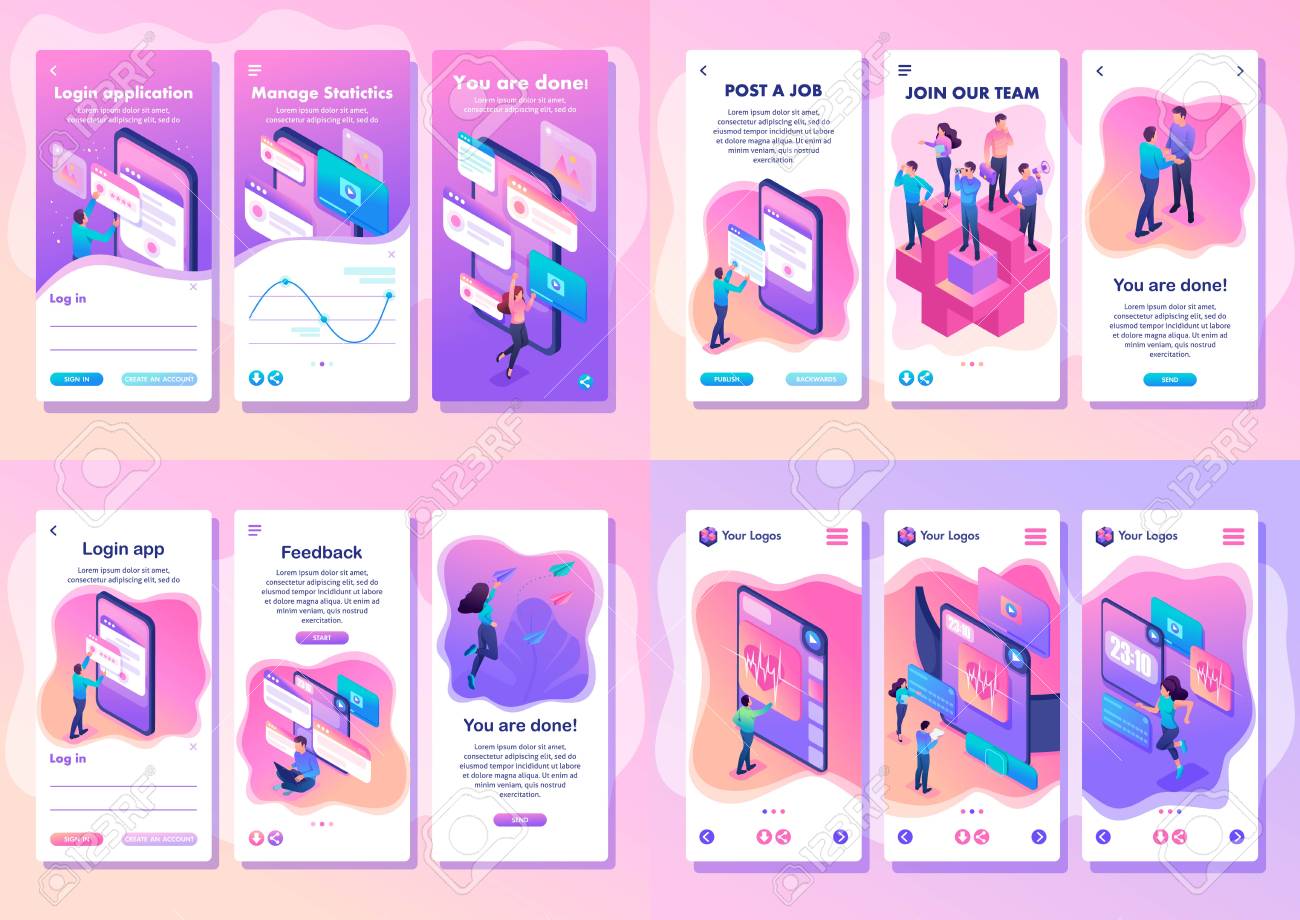 Set Isometric Template app bright concept testing device, feedback, ux design, join our team, smartphone apps. - 121080465 Set Isometric Template app bright concept testing device, feedback, ux design, join our team, smartphone apps. - 121080465