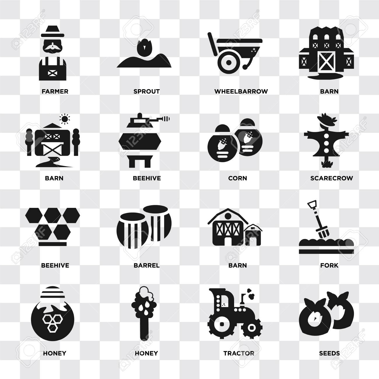 투명한 배경 픽셀 완벽한 씨앗 트랙터 꿀 포크 농부 헛간 벌집 옥수수와 같은 16개의 아이콘 세트 로열티 무료 사진, 그림, 이미지  그리고 스톡포토그래피. Image 107174113
