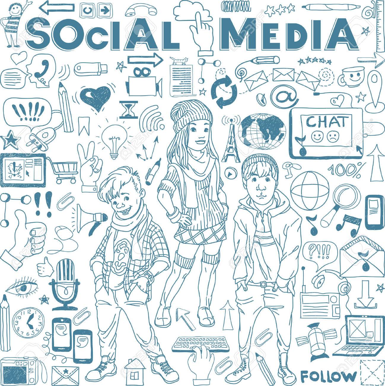 Hand drawn illustration set of social media sign and symbol doodles elements. Group of modern teenagers. - 45835392 Hand drawn illustration set of social media sign and symbol doodles elements. Group of modern teenagers. - 45835392