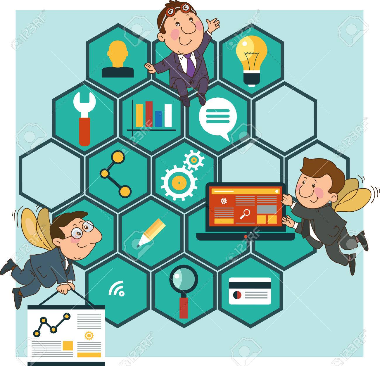 Hard Working people cartoon icons SEO optimization concept on the background of the honeycomb structure. - 46203079 Hard Working people cartoon icons SEO optimization concept on the background of the honeycomb structure. - 46203079