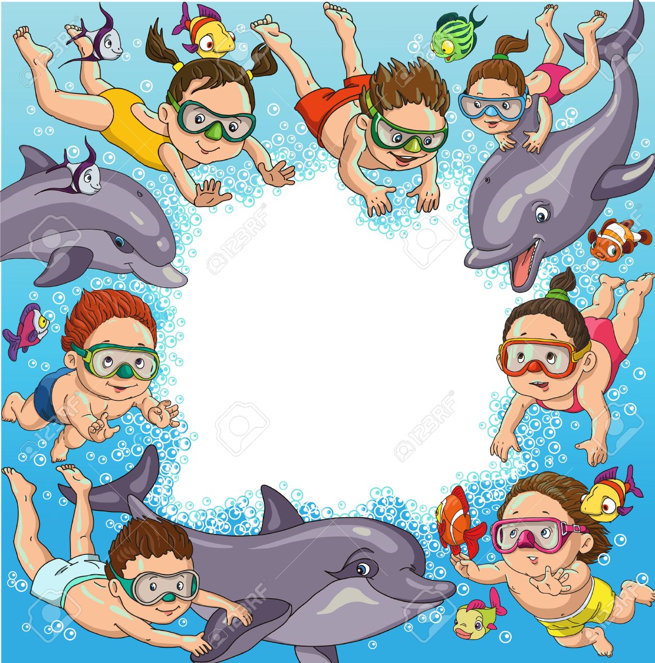 Niños De Dibujos Animados Nadar Con Delfines Y Peces Espacio Para El Texto Ilustraciones Vectoriales Clip Art Vectorizado Libre De Derechos Image 46515285