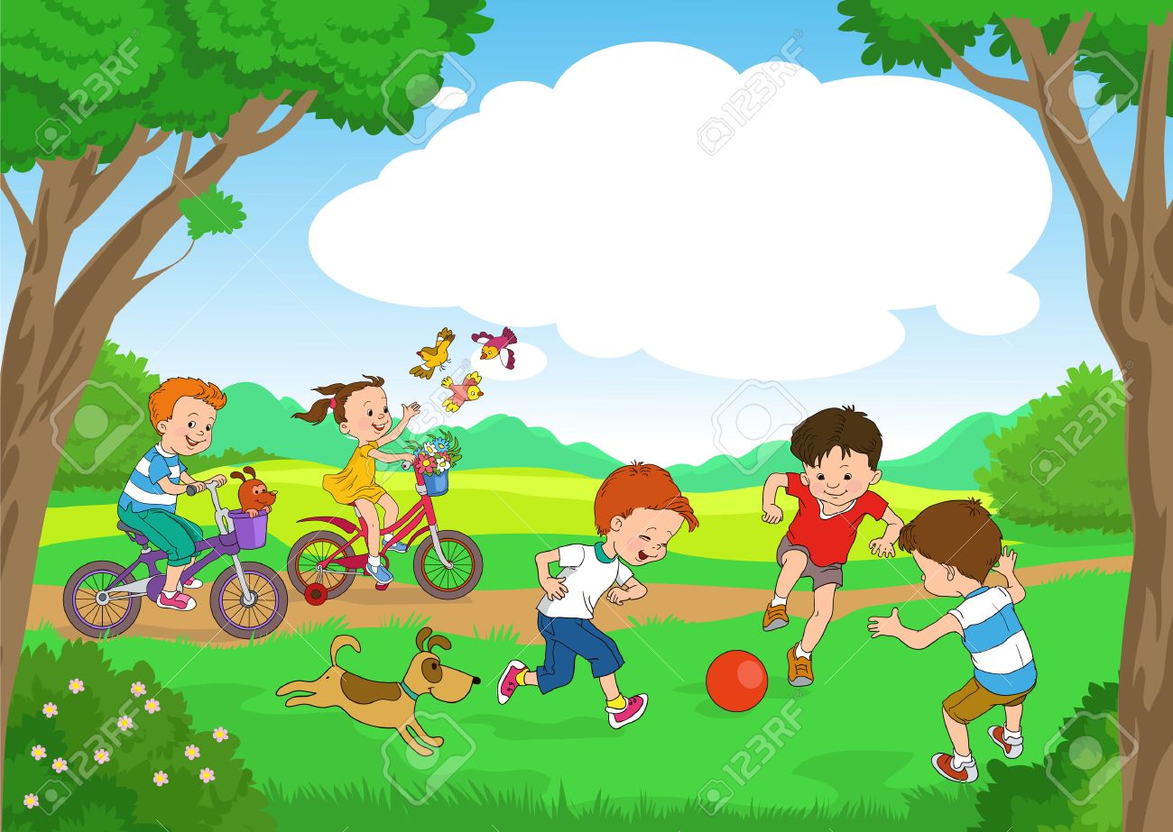 Funny cartoon. Vector illustration. Funny kids ride bikes along the forest summer day. joyful kids play ball on the lawn. - 46515288 Funny cartoon. Vector illustration. Funny kids ride bikes along the forest summer day. joyful kids play ball on the lawn. - 46515288