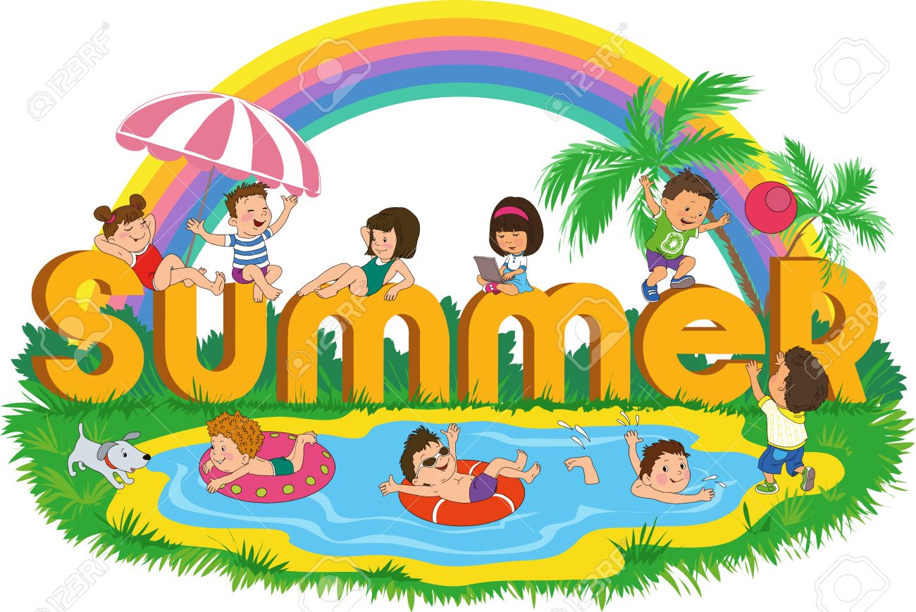 単語夏虹の背景にビーチで幸せな子供たち のイラスト素材 ベクタ Image
