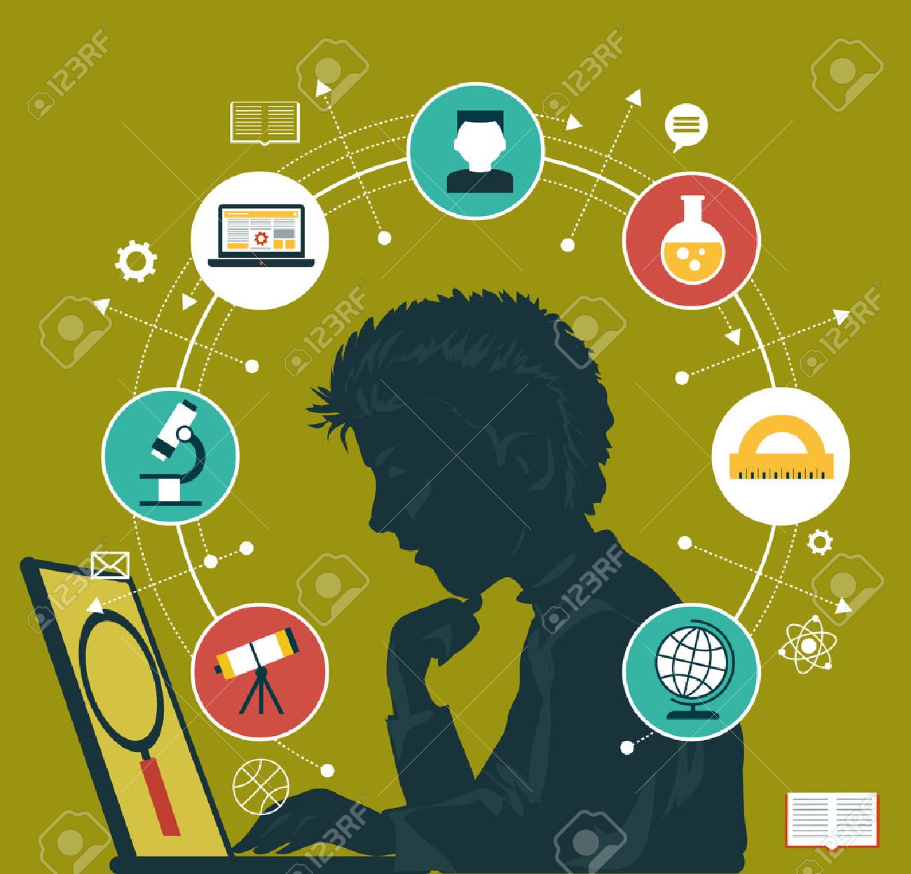 The concept of choosing a future profession. Icons education. Silhouette of a boy with a laptop surrounded by icons of education. - 46515297 The concept of choosing a future profession. Icons education. Silhouette of a boy with a laptop surrounded by icons of education. - 46515297