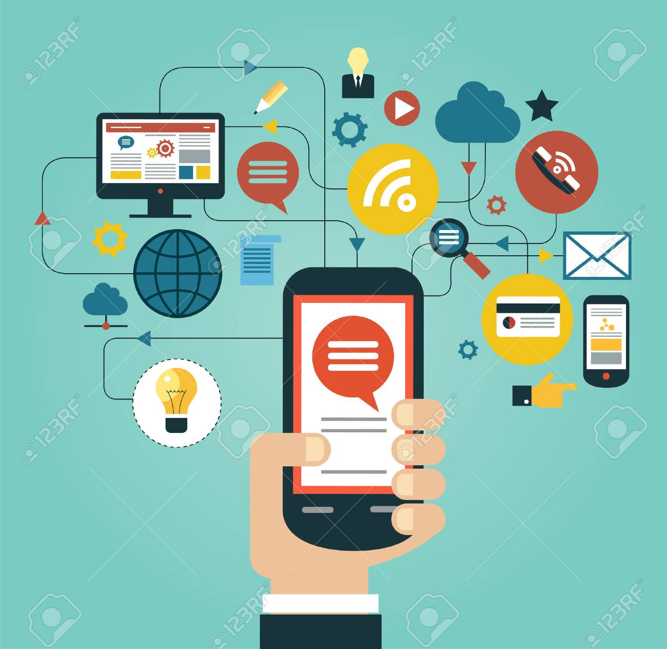 Hand of the person with the phone surrounded by icons. Concept of communication in the network - 46874147 Hand of the person with the phone surrounded by icons. Concept of communication in the network - 46874147