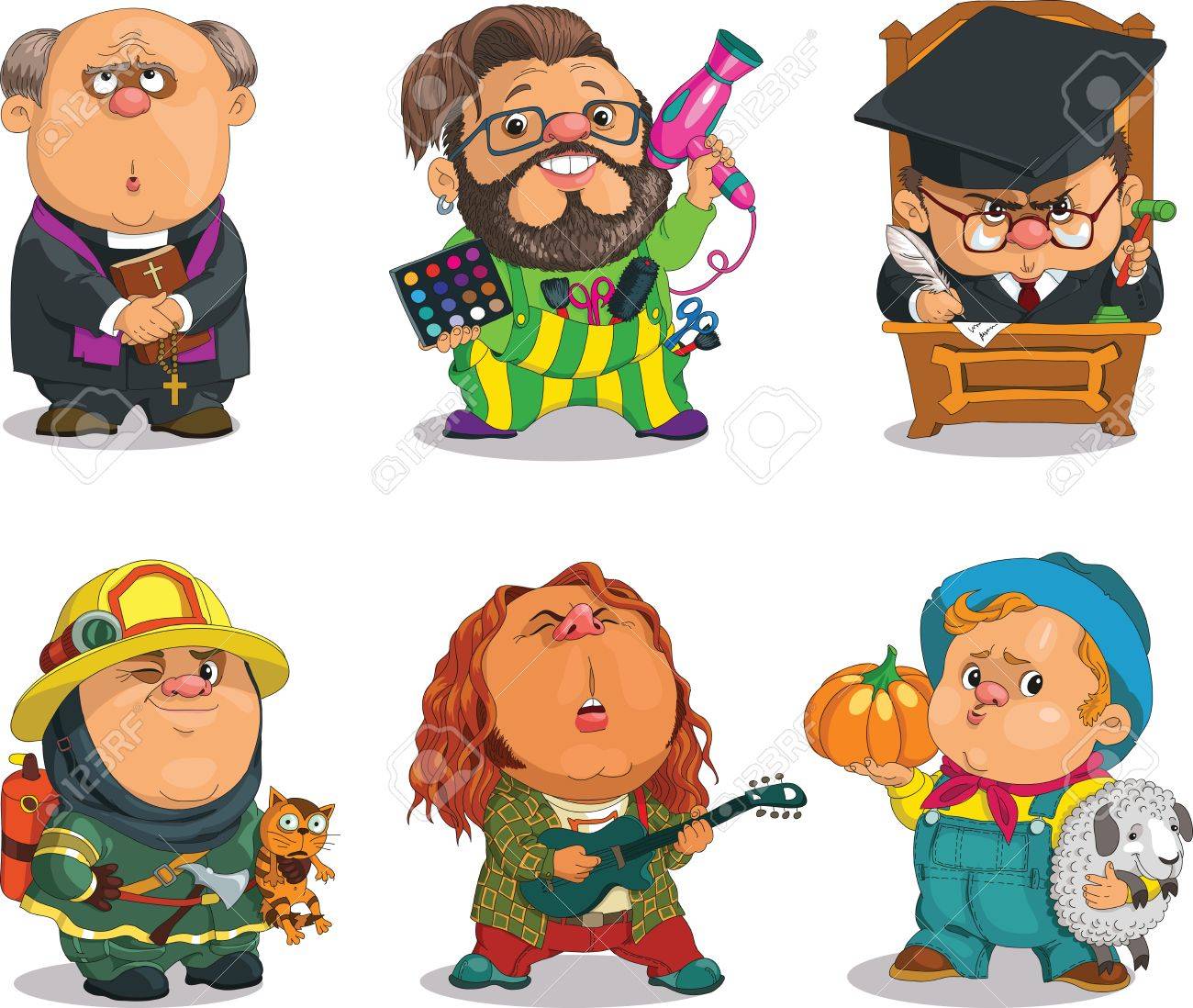 Funny cartoon. Positive characters. Vector illustration professions set. Parson, Stylist, Justice,Firefighter, Musician, Farmer. - 48795002 Funny cartoon. Positive characters. Vector illustration professions set. Parson, Stylist, Justice,Firefighter, Musician, Farmer. - 48795002