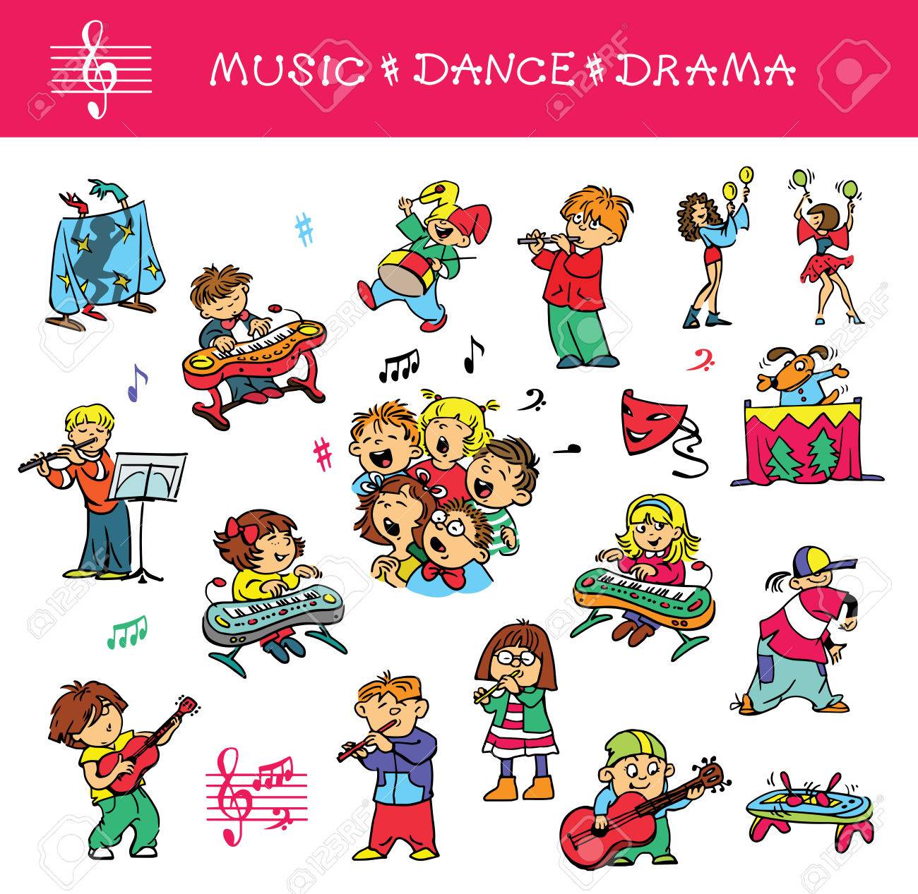 Hand drawn. Vector illustration. A set of drawings of children engaged in music, singing and acting skills. Isolated objects. - 52213591 Hand drawn. Vector illustration. A set of drawings of children engaged in music, singing and acting skills. Isolated objects. - 52213591
