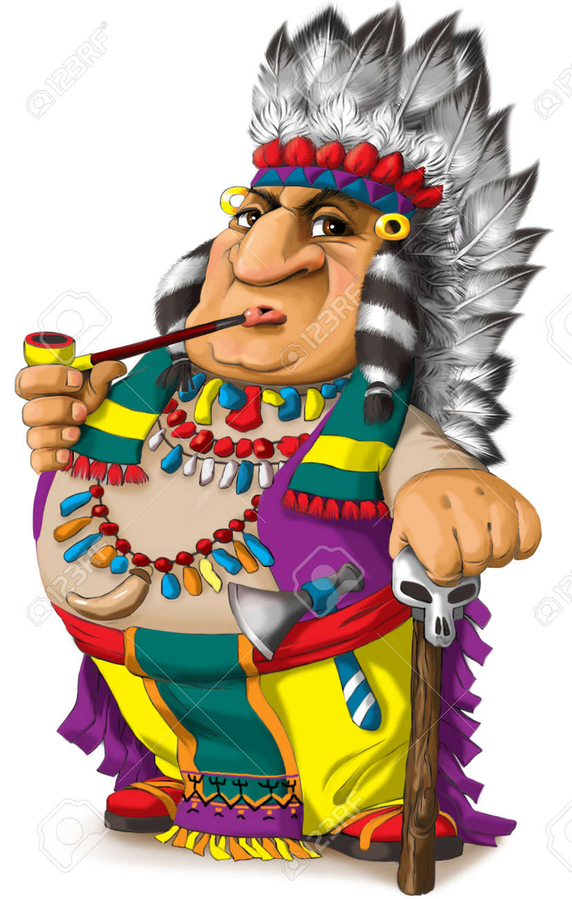Illustration of a funny Indian tribal leader in a bright colorful national costume of North America - 163419079 Illustration of a funny Indian tribal leader in a bright colorful national costume of North America - 163419079