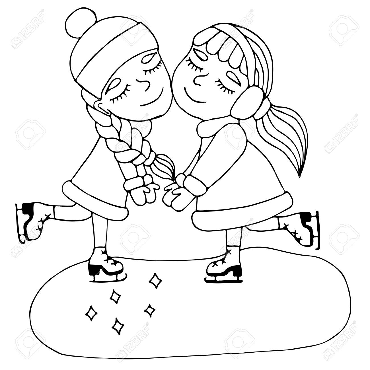 Dos Ninas De Amigo Se Aferran A Las Manos Sobre Patines Mono