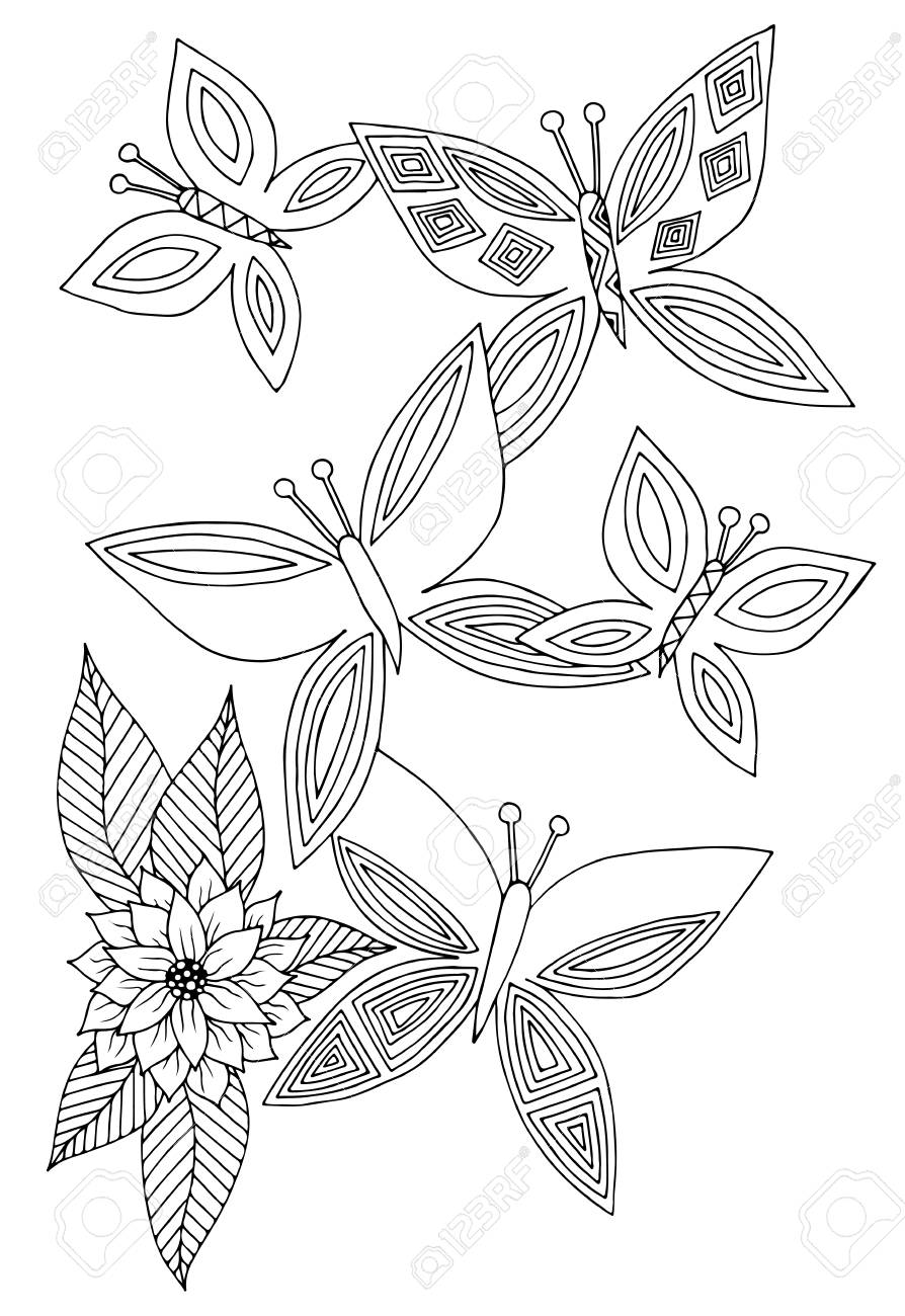 Set Papillon Ligne Noire Avec Fleur Abstraite Pour Le Tatouage Livre à Colorier Pour Les Adultes Et Les Enfants Isolés Sur Le Fond Blanc