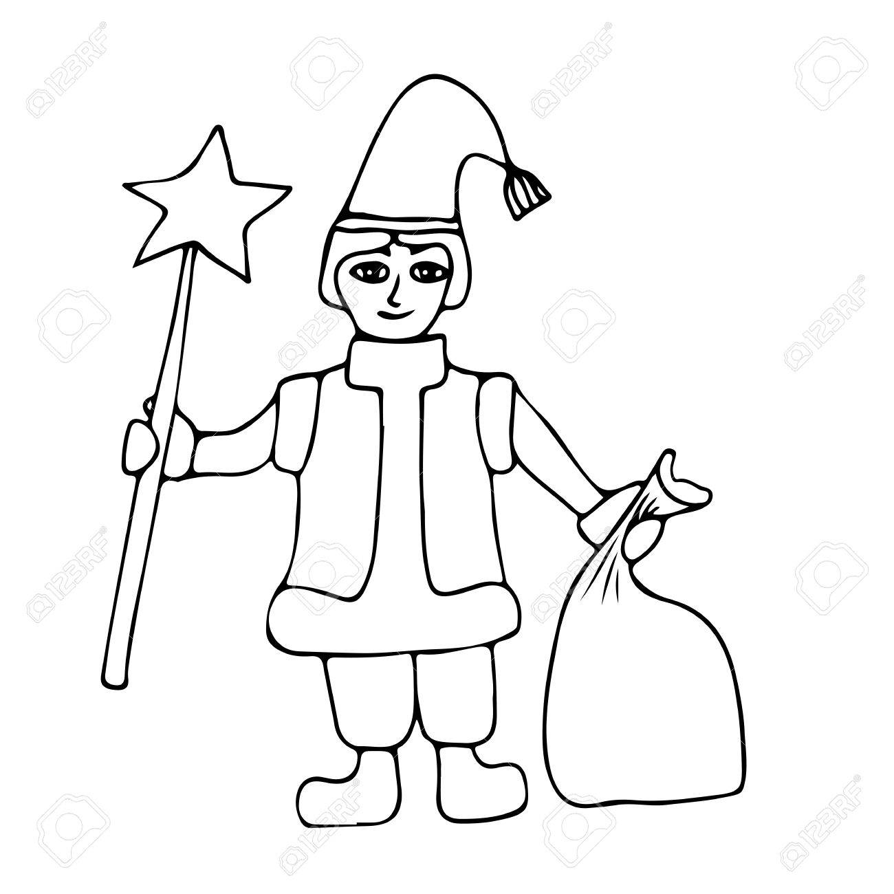Little Santa Helper Avec étoile Et Sac Avec Des Cadeaux Mono Couleur Noir élément Dart De Ligne Pour La Conception De Page De Livre à Colorier