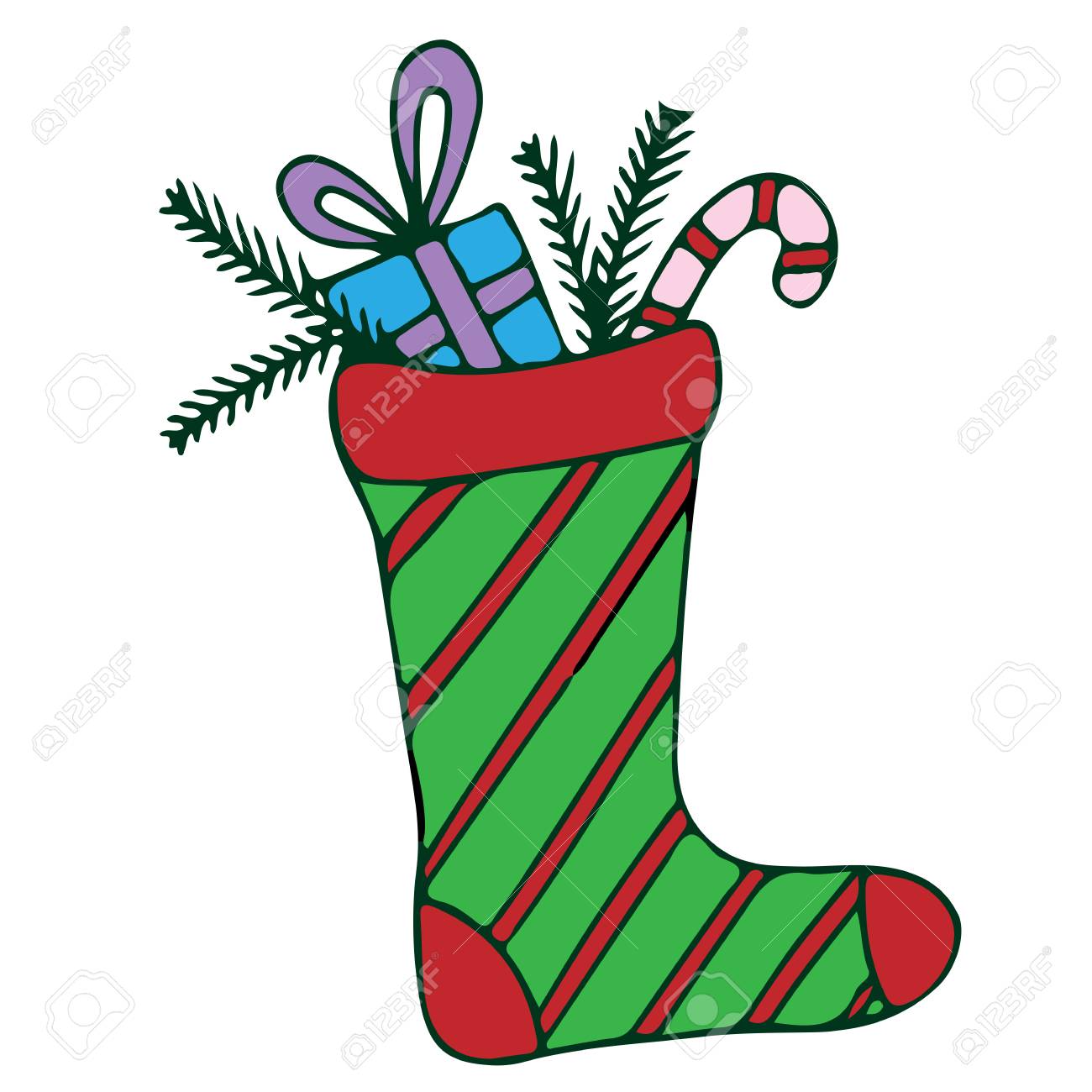 Colorful Christmas Stocking With Candy And Gift Illustration