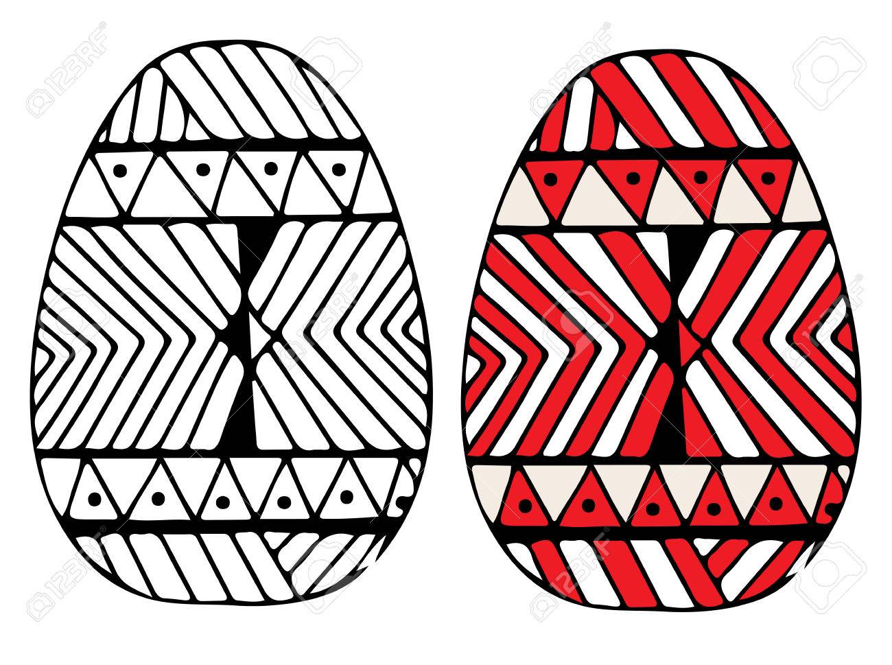 Hand Drawn Black And Red Easter Egg With Abstract Pattern For Coloring Book Design Elements