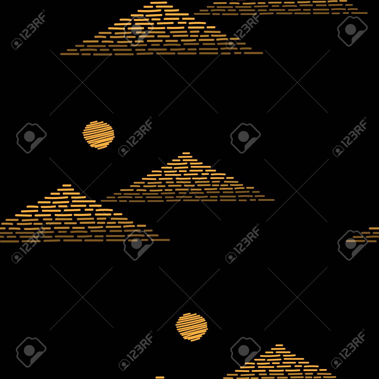 シームレス パターン刺繍ステッチ模倣ゴールド ピラミッドと太陽 エジプトのピラミッド刺繍生地 スクラップ ブック プレゼント用の包装や壁紙 ペーパーに印刷します のイラスト素材 ベクタ Image