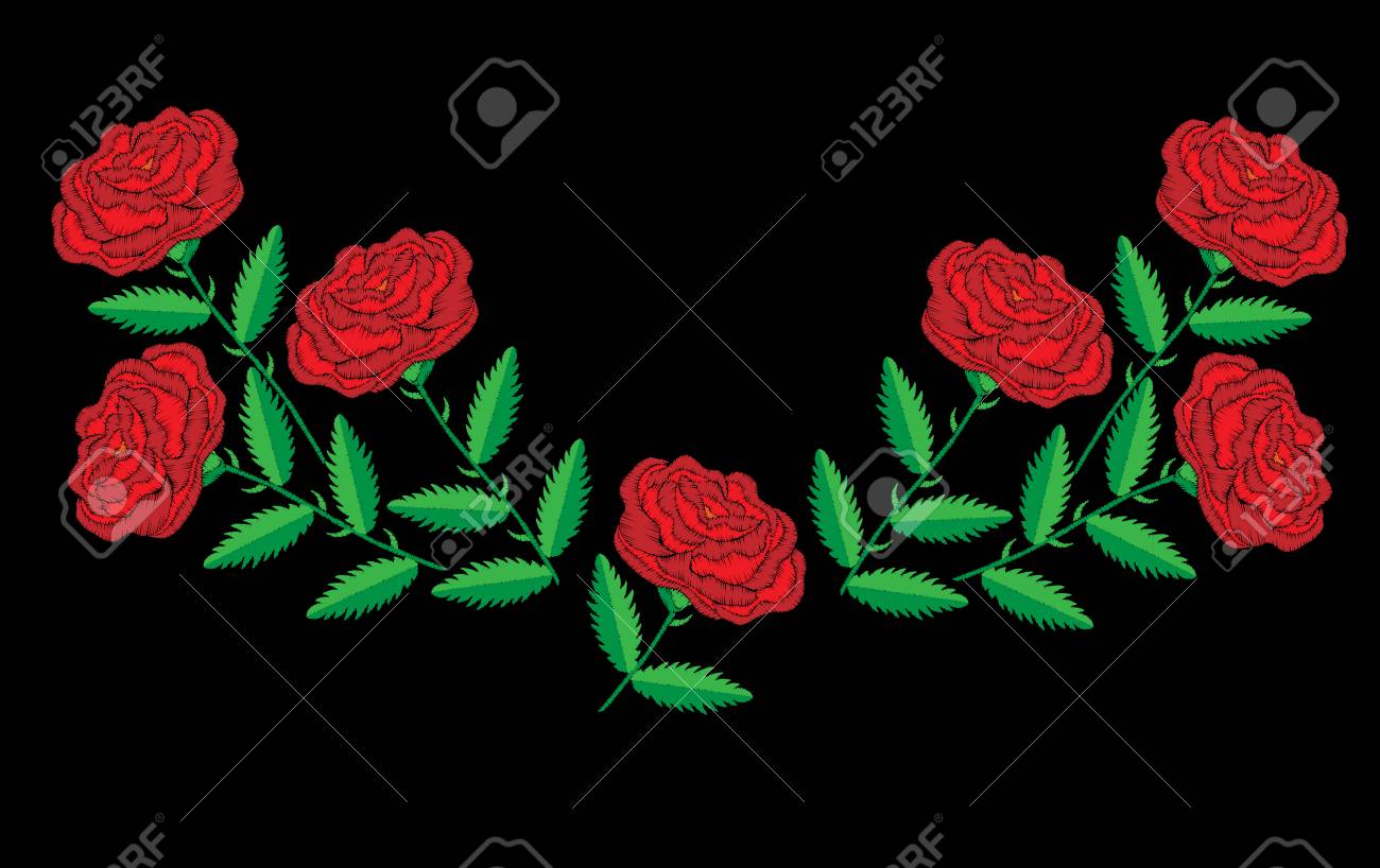 刺繍ステッチ首筋に紅いバラ模倣 ファッションの刺繍は 黒い背景に花を上昇しました 刺繍の赤いバラをベクトルします のイラスト素材 ベクタ Image