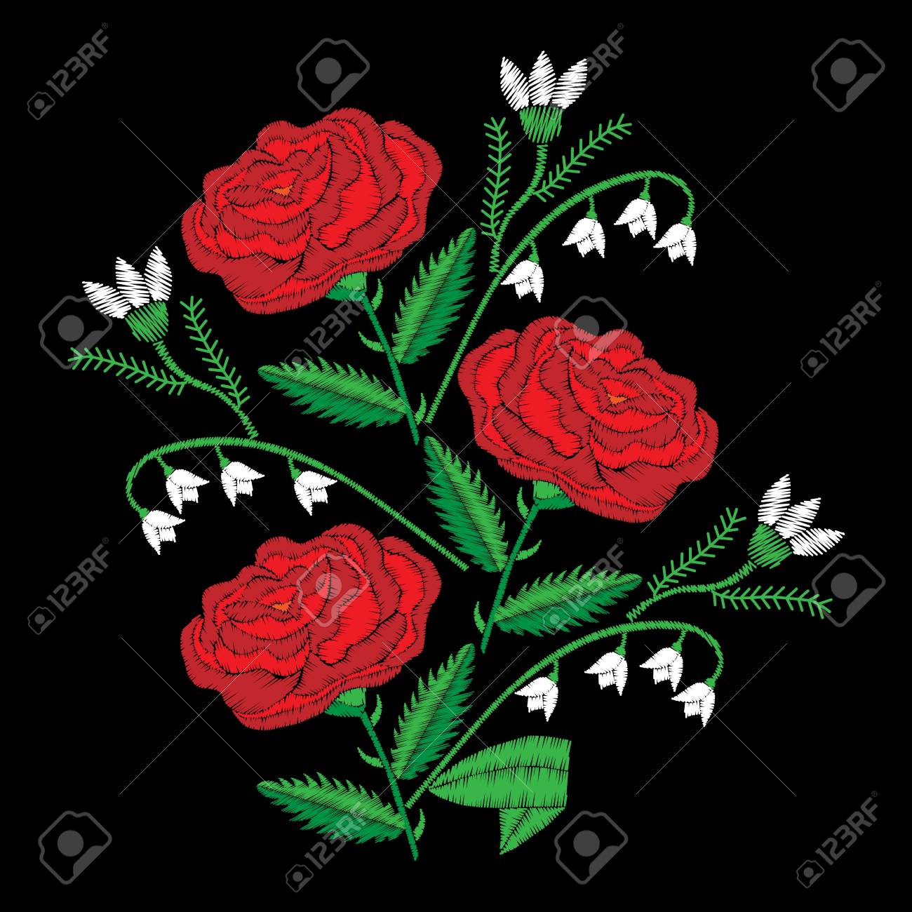 花束赤いバラとすずらんの刺繍のステッチ模倣 のイラスト素材 ベクタ Image
