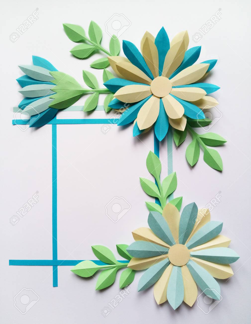 square frame with blue color big paper flowers nature floral paper flower picture frame