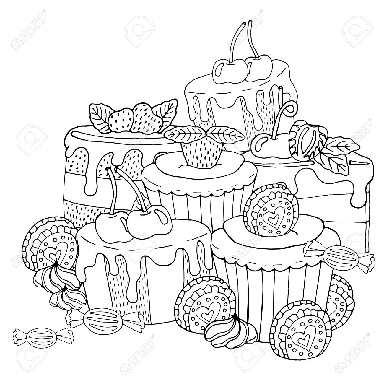 Coloring Page With Cake Cupcake Candy And Other Dessert With Berry Sweet Dessert Coloring Book Vector Isolated Dessert Royalty Free Cliparts Vectors And Stock Illustration Image 121952858