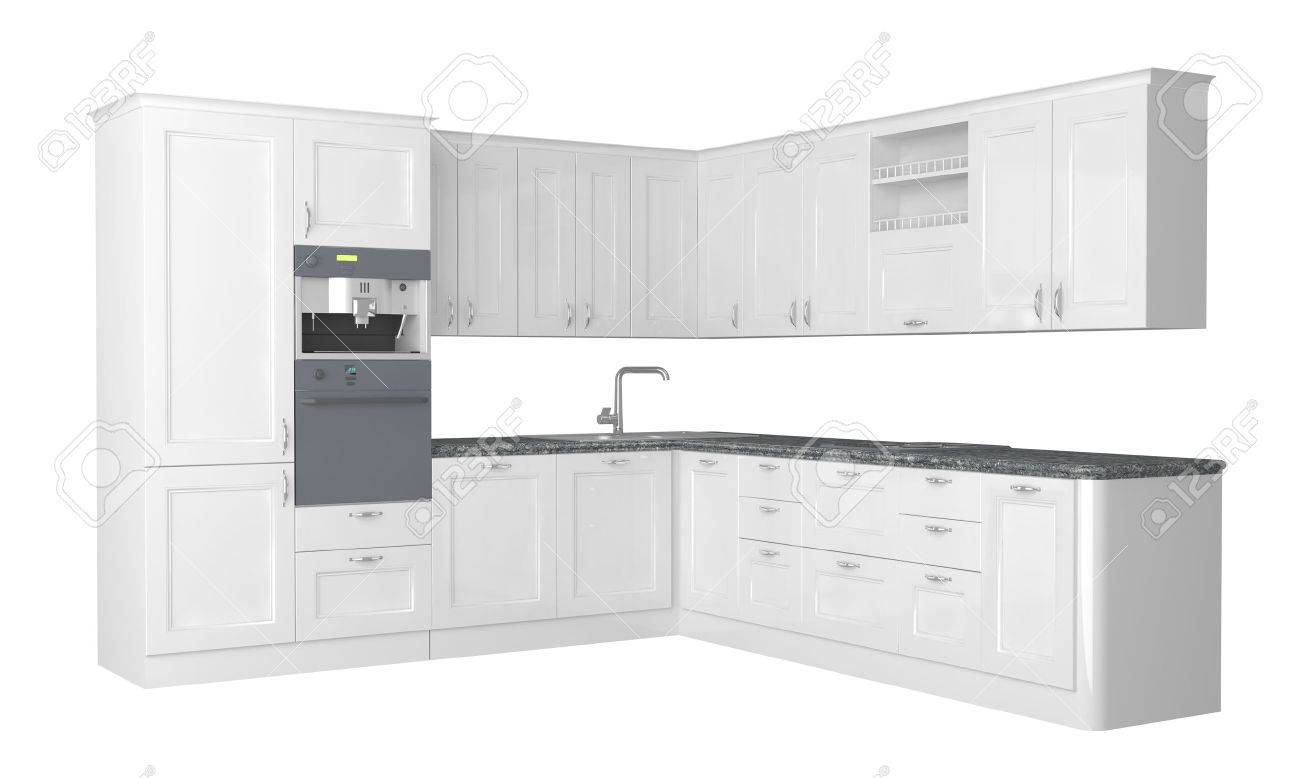 White Kitchen Furniture integral kitchen furniture on white background. stock photo White Kitchen Furniture integral kitchen furniture on white background. stock photo