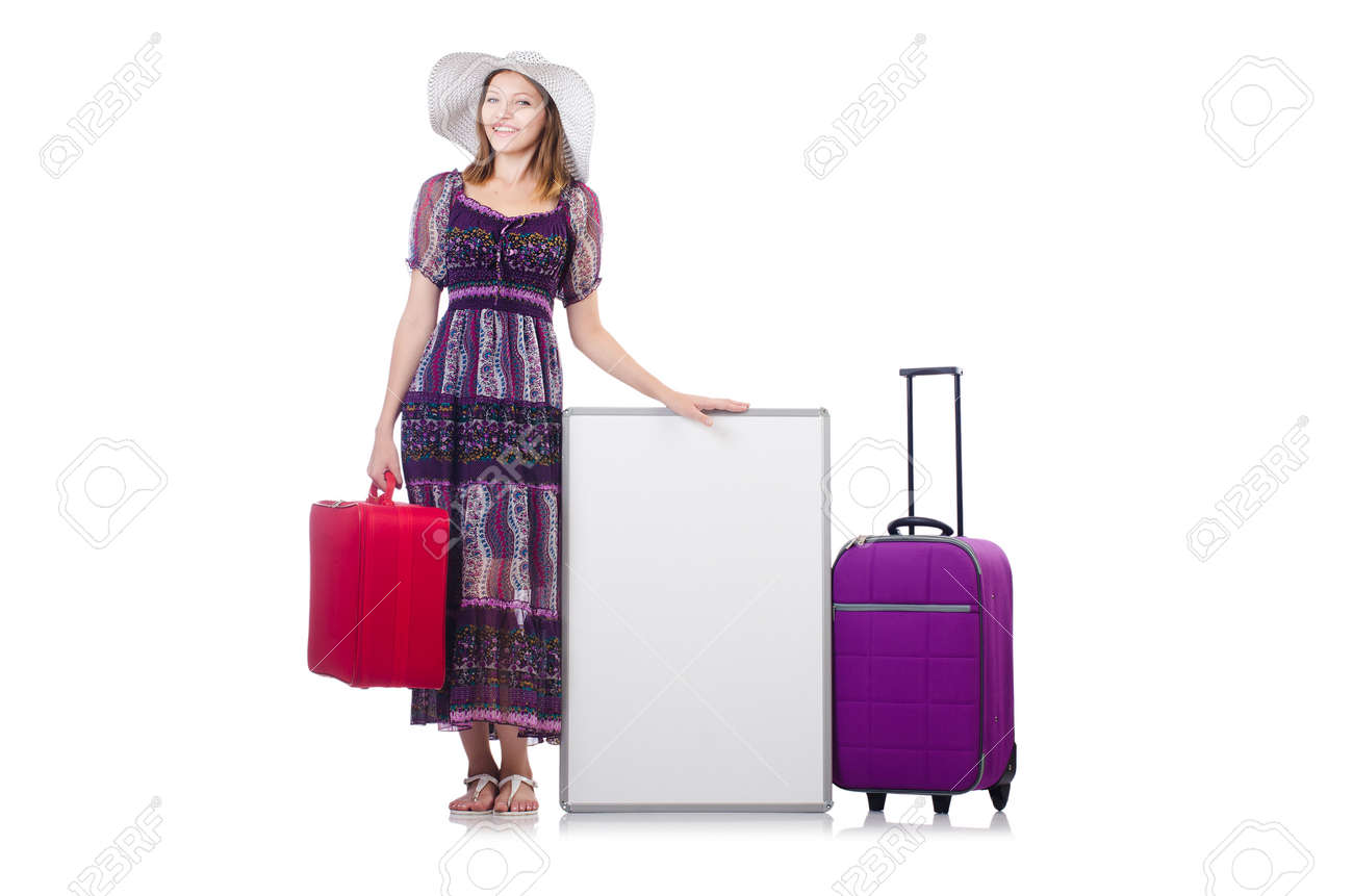 Mujer En Panamá Se Prepara Para Viajar Con Maletas Y Blankboard Aislados En Blanco Fotos, Retratos, Imágenes Fotografía De Archivo Libres De Derecho. Image 27881184.