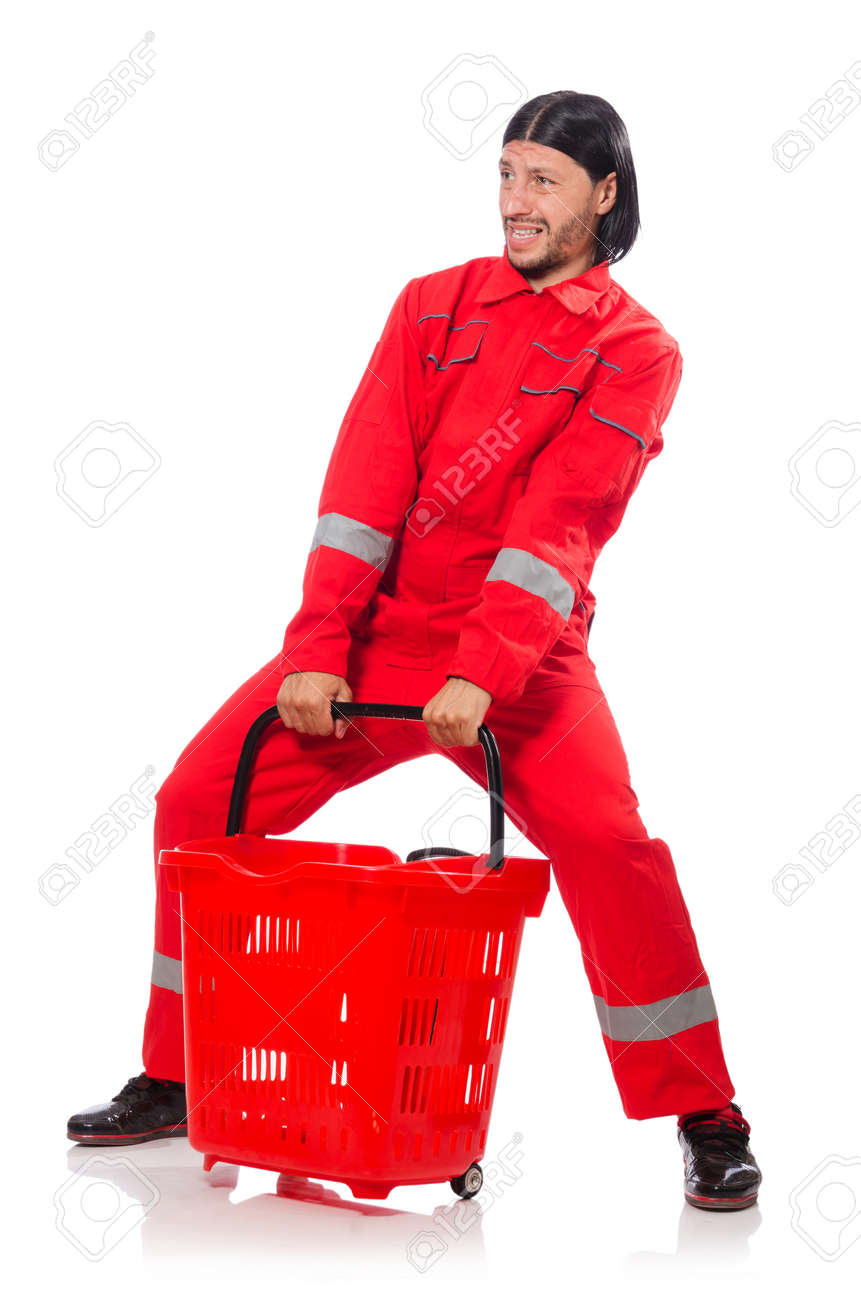 白で隔離赤いつなぎの服を着た男 の写真素材 画像素材 Image