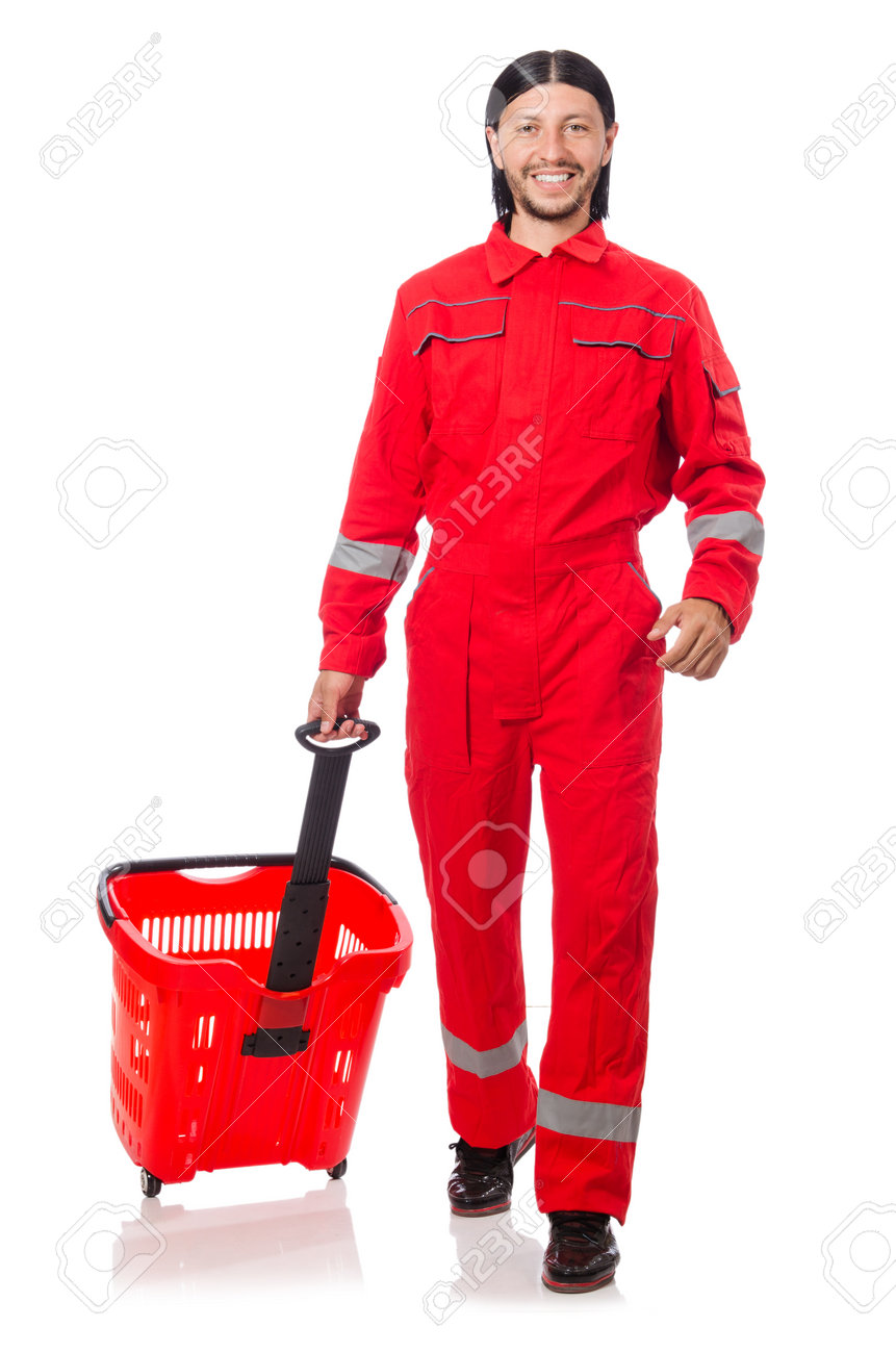 白で隔離赤いつなぎの服を着た男 の写真素材 画像素材 Image