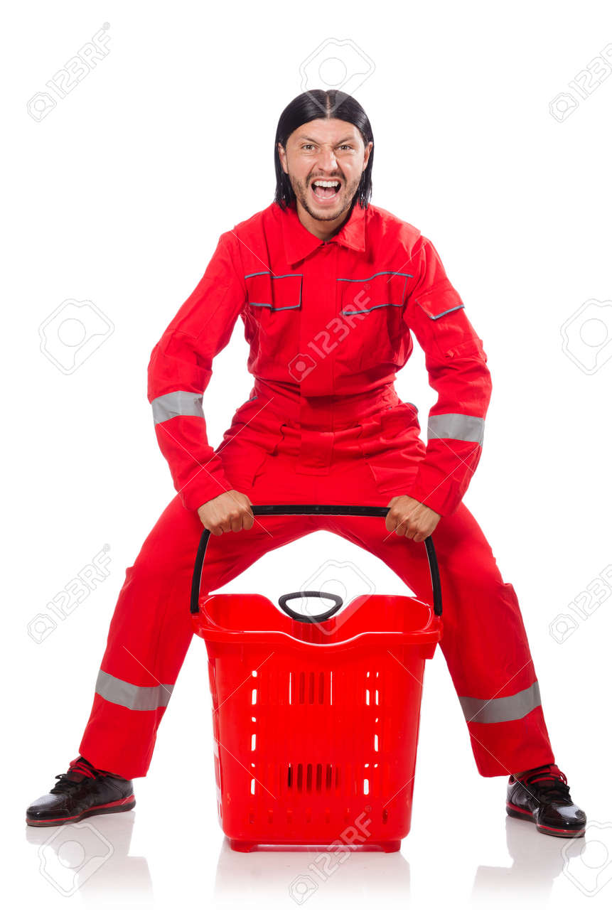 白で隔離赤いつなぎの服を着た男 の写真素材 画像素材 Image
